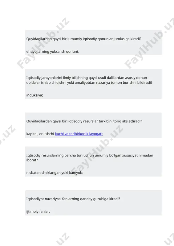 jratib, ayni vaqtda o‘zaro bir – biriga ta’sirida o‘rganadi? analiz va sintez; iqtisodiy modelning ta’rifini toping? iqtisodiyot, iqtisodiy hodisa va jarayonlar hamda ulardagi o‘zgarish va bog‘liqliklarning soddalashtirilgan manzarasi; iqtisodiyotning doimiy va bosh masalasini aniqlang: ehtiyojlarning cheksizligi va iqtisodiy resurslarning cheklanganligi; insonlarning iqtisodiy ne’matlarni ishlab chiqarish, taqsimlash, iste’molchilarga etkazib berish va iste’mol qilishga qaratilgan, bir – biriga bog‘liqlikda amalga oshiriladigan faoliyat qanday nomlanadi? iqtisodiy faoliyat; . ishlab chiqarishning yangidan boshlanib va qaytadan to‘xtovsiz takrorlanib turishi nimani anglatadi? takror ishlab chiqarish; quydagilardan qaysi biri takror ishlab chiqarish bosqichlariga kirmaydi? iqtisodiy faoliyat; ishlab chiqarish va ayirboshlash bir me’yorda borishi hamda kishilar yashash va turmush kechirishning umumiy shart-sharoitni tashkil qiluvchi sohalar qanday nomlanadi: infratuzilma; quyidagilardan qaysi biri iqtisodiy hodisa hisoblanadi? inqiroz; iqtisodiy hodisa va jarayonlar o‘rtasidagi muqarrar takrorlanib turadigan, doimo mavjud bo‘ladigan to‘g‘ridan – to‘g‘ri yoki teskari ichki sabab – oqibat bog‘liqliklar va aloqadorliklar qanday qonunning mohiyatini anglatadi: iqtisodiy qonun; qaysi iqtisodiy qonunlar kishilik …