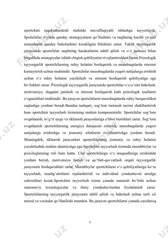 garliklari, shuningdek, dam olish va tiklanish elementlari mavjud. har bir sportchining tayyorlash jarayoni, uning sport turiga xos xususiyatlari va individual imkoniyatlariga qarab farqlanadi. sportchini tayyorlash tizimi, asosan, maqsadga erishish uchun zarur bo‘lgan barcha omillarni o‘z ichiga oladi. buning uchun tayyorlov mashg‘ulotlari, sinovlar, dam olish va tiklanish usullari, psixologik tayyorgarlik hamda texnik ko‘nikmalarni o‘zlashtirish kerak bo‘ladi. tayyorlash tizimining asosiy maqsadi – sportchining o‘zining maksimal darajadagi jismoniy, psixologik va texnik qobiliyatlarini rivojlantirish, shuningdek, uni yuqori natijalarga erishishga yo‘naltirishdir. bunda sportchining umumiy jismoniy tayyorgarlik darajasi va uning sport faoliyatiga moslashgan ko‘nikmalari alohida ahamiyatga ega. sportchi o‘zining texnik va taktika mahoratini rivojlantirish bilan birga, ruhiy va hissiy holatini ham boshqarishni o‘rganadi. bu jarayonda murabbiyning o‘rni katta bo‘lib, u sportchining barcha ehtiyojlarini aniqlab, tayyorlash jarayonini to‘g‘ri yo‘naltiradi. shu bilan birga, sportchi va murabbiy o‘rtasidagi o‘zaro ishonch va hamkorlik jarayonning muvaffaqiyatli kechishiga yordam beradi.jismoniy tayyorgarlik sportchining barcha tayyorlov mashg‘ulotlarining asosi hisoblanadi. sportchining umumiy va maxsus jismoniy …