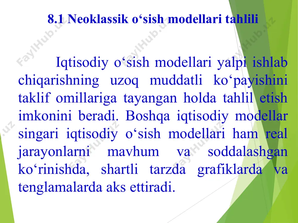 aцiyalash, kombinaцiyalash va hududiy joylashtirish darajasini oshirish; boshqarishning strukturasi, moliyalash, baholash va kreditlash hamda rag‘batlantirish tizimini takomillashtirish; inson omilini kuchaytirish asosida mehnatkashlarning ijodiy faolligini va tashabbusini oshirishni yo‘lga qo‘yish; investitsiyalarni keng jalb qilish. iqtisodiy o‘sishini ta’minlashning hal qiluvchi yo‘llaridan yana biri - fan-texnika taraqqiyotini jadallashtirish orqali innovatsiyalarni joriy qilishdir. innovatsiyalar qo‘llash xususiyatlariga ko‘ra ikkita guruhga ajratiladi: yangi mahsulotlarni, buyumlar, moddalar, yarimfabrikatlar, butlovchi qismlarni qo‘llashni yangi yoki mukammallashtirilgan mahsulotlarni yaratishni qamrab olgan mahsulot ko‘rinishidagi innovatsiyalar; ishlab chiqarishni tashkil qilish yangi usullarni, yangi jarayonlarni, yangi texnologiyalarni va ular bilan bog‘langan yangi jihozlar va asbob-uskunalarni qamrab olgan jarayon ko‘rinishidagi innovatsiyalar. innovatsiyalarning quyidagi turlari ajratiladi: 1. yangiligiga ko‘ra: 2. qo‘llanish xususiyatlariga ko‘ra: 3. kelib chiqish sababi va manbasi bo‘yicha: 4. qayta ishlab chiqarish jarayonidagi ahamiyatiga ko‘ra: 5. innovatsiyani masshtabi bo‘yicha. 1. yangiligiga ko‘ra: yirik ixtirolarni amalga oshiradigan va texnikani yangi bo‘g‘inlarini va rivojlanish yo‘nalishlarini shakllantirilishga asos bo‘ladigan bazis innovatsiyalar; odatda mayda va o‘rta ixtirolarni …