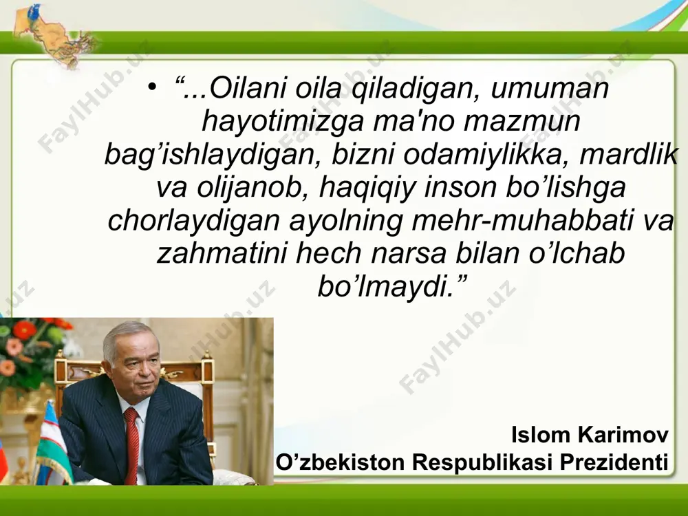ulug`lasak, hayotimizning chirog`i, umrimizning guli deb e'zozlasak, demakki, oilamizni, vatanimizni e'zozlagan bo`lamiz. o`zbekiston xalq shoiri, o`zbekiston qahramoni a.oripov aytganidek: bu yorug` olamda vatan bittadir, bittadir dunyoda ona degan nom sharqda ayolni farishtaga qiyos qilishadi. chunki farishtalar alloh taolo yaratgan eng pok, eng begunoh zotlardir. xalqimizning buyuk tarixida o`zining jasorat va matonati, aql-zakovati, nafosat va nazokati bilan o`chmas nom qoldirgan. to`maris, bibixonim, gulbadanbegim, zebuniso, nodira, uvaysiy, anbar otin, va boshqa yuzlab ayollarimizni hamisha ehtirom bilan tilga olamiz. mamlakatimizda olib borilayotgan islohotlar ham xalqimiz, avvalo, opa-singillarimiz, munis onaxonlarimiz turmushi farovonligini yanada yuksaltirishga qaratilgandir. onalik va bolalikni himoyalash, barkamol avlodni voyaga yetkazish, oila va mahalladagi ahillik, hamjihatlikni mustahkamlash davlatimiz siyosatining ustuvor yo`nalishlaridandir.