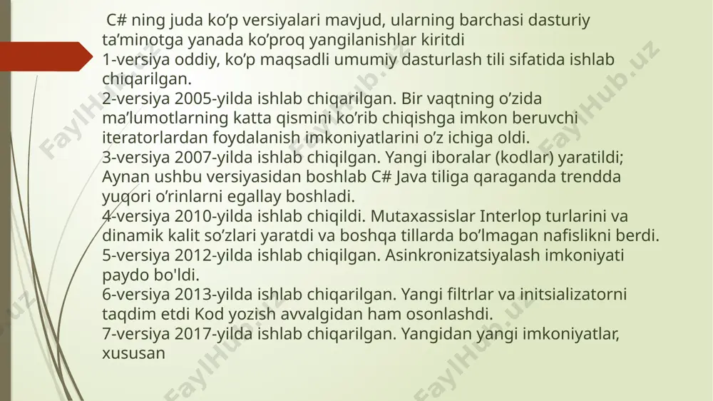 pilyatsiya qilish va ishga tushirish uchun siz quyida sanab o‘tilgan harakatlarni amalga oshirishingiz zarur bo‘ladi. (agarda sizning kompyuteringizda microsoft visual studio ning boshqa versiyasi installyatsiya qilingan bo‘lsa, harakatlar tartibi boshqacha bo‘lishi mumkin.) c# ning kelib chiqishi 2000-yillarga borib taqaladi. o’sha yillarda microsoft ushbu dasturlash tilini o’zlari uchun yaratishdi. dastlab c#, javascript bilan raqobatlashayotgan java tillariga javob sifatida, ya’ni microsoftning talabiga java javob bera olamgani tufayli microsoft visual studio 2002 bilan birglikda ishlab chiqilgan til edi. c# va java ham dastlabki davrlardan tan olinishi uchun raqobatlashayotgan edi. darhaqiqat, bu ikkisi bir biridan ancha ko’chirmachiliklar qildi, toki c# boshqa yo’nalishga o’tmaguniga qadar. shundan so’ng c# kompyuter uchun dasturlar ishlab chiqarish bo’yicha xalqaro standart sifatida tasdiqlandi va umumiy til infrastrukturasi bilan ishlatiladi. kompyuter tillari oʻz-oʻzidan emas, balki oʻzaro bir-biriga bogʻliqlikda mavjud boʻladi. har qanday yangi til u yoki bu shaklda oldingi yaratilgan tillarning xossalarini oʻziga meros qilib oladi, yaʼni ketma-ketlik prinsipi amalga oshiriladi. …