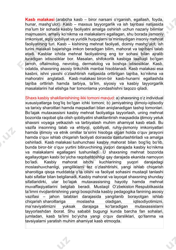 asb odobi me’yorlari aynan voqelik, amaliyot bilan uzviy bog‘liqligi bois sohada, shu jumladan, pedagogikada yuzaga keladigan murakkab masalalar yechimini topishda yordam beradi. ilg‘or pedagoglarning ijodiy faoliyati bunga misoldir. o‘quv-tarbiya jarayonidagi asosiy tamoyillardan biri – bolani o‘z kuchiga ishonadigan, erkin va mustaqil fikrlaydigan inson etib tarbiyalashdir. 2. rahbar odobi. rahbar o‘z xulq-atvori bilan atrofidagilarga o‘rnak bo‘lishi shart. turli darajadagi rahbarlar odobi xushmuomala bo‘lishni, o‘zgalarning fikr-mulohazalariga befarq bo‘lmaslik, sabr-toqat va adolat tamoyillariga rioya etish, ayniqsa, o‘z xodimlariga nisbatan e’tiborli bo‘lishni talab etadi. kasb malakasi (arabcha kasb – biror narsani o‘rganish, egallash, foyda, hunar, mashg‘ulot). kasb – maxsus tayyorgarlik va ish tajribasi natijasida ma’lum bir sohada kasbiy faoliyatni amalga oshirish uchun nazariy bilimlar majmuasini, amaliy ko‘nikma va malakalarni egallagan, shu borada jismoniy imkoniyat, aqliy qobiliyat va yuridik huquqlarni ta’minlaydigan insoniy mehnat faoliyatining turi. kasb – kishining mehnat faoliyati, doimiy mashg‘ulot, ish turini malakali bajarishga imkon beradigan bilim, mahorat va tajribani talab etadi. kasblar …