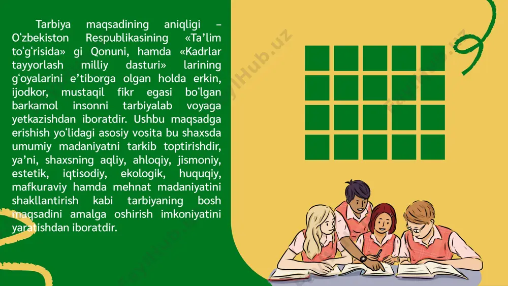 emokratik va insonparvarlik gʻoyalarining ustunligi; tarbiyada izchillik va tizimlilik; tarbiyaning ijtimoiy hayot bilan qoʻshib olib borish; tarbiyani mehnat bilan bogʻlash; tarbiyalanuvchi shaxsni xurmat qilish; tarbiyaning maqsadga yoʻnaltirilganligi va gʻoyaviyligi – oʻqituvchi ijtimoiy tarbiya maqsadi va vazifasini aniq tasavvur etishi va puxta anglab olishi zarur. tarbiyada oʻquvchi xulqidagi ijobiy sifatlarga tayanib, salbiy tomonlarni yoʻqotish. jamoa va jamoa yordamida tarbiyalash; tarbiyada oʻquvchining yosh va alohida xususiyatlarini hisobga olish; tarbiya texnologiyasida oʻqituvchi tomonidan belgilanadigan maqsadlar turli darajada boʻlishi va bosqichma-bosqich bir-biriga boʻysunishi, ketma-ket bajarilishi mumkin. biroq tarbiyaviy maqsadning asosiy mohiyati — davlat maqsadlari, ijtimoiy buyurtmalardan kelib chiqishi lozim. aytish mumkinki, asosiy daraja - mamlakatda inson va uning fuqarolari qadr-qimmati toʻgʻrisidagi ijtimoiy tasavvurlarni aks ettiradigan maqsadlardir. ular mutaxassislar tomonidan ishlab chiqiladi, hukumat tomonidan qabul qilinadi, qonunlar va boshqa hujjatlarda qayd etiladi. keyingi daraja - ta’lim dasturlari va standartlarida aks etadigan maqsadlar, ya’ni davlat ta’lim standartlari, maxsus ta’lim tizimlarining va ta’lim bosqichlarining maqsadlari. eng quyi …