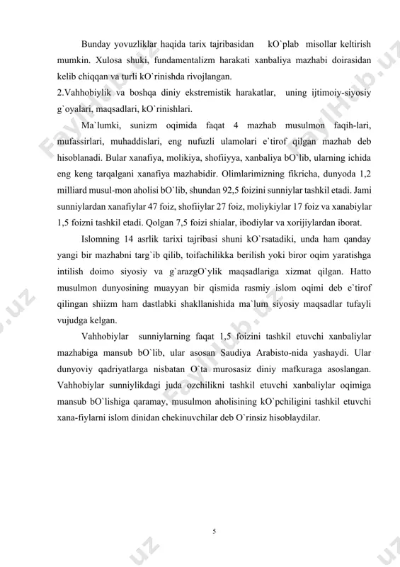 isto-nida yashaydi. ular dunyoviy qadriyatlarga nisbatan o`ta murosasiz diniy mafkuraga asoslangan. vahhobiylar sunniylikdagi juda ozchilikni tashkil etuvchi xanbaliylar oqimiga mansub bo`lishiga qaramay, musulmon aholisining ko`pchiligini tashkil etuvchi xana-fiylarni islom dinidan chekinuvchilar deb o`rinsiz hisoblaydilar. 2. o`zbekiston respublikasining konstitutsiyasida milliy va diniy ruxdagi siyosiy partiyalar tuzishning taqiqlanishi. vahhobiylik harakati hozirgi saudiya arabistoni hududida, viii asrda, shu maqsadda vujudga kelgan. uning g`oyaviy asosini islomning dastlabki holatiga qaytishni maqsad qilib olgan aqidaparastlik tashkil qiladi; siyosiy sifatini jamiyatning ma`naviy, ijtimoiy-siyosiy, iqtisodiy, huquqiy hayotini shu aqidaparastlik asosiga qurilgan siyosiy tuzumni barpo qilish g`oyasi tashkil qiladi. asrimizning boshlarida tashkil topgan xorijiy musulmon davlatlarida yuzaga kelgan bunday diniy oqim, tashkilot, partiyalar esa o`z oldiga asosan milliy mustaqillikka erishish vazifasini qo`yganlar. ammo islomdagi bunday oqimlarning deyarli barchasi ham bu harakatlarga vosita deb qaramasdan, oxirgi maqsad deb qaraganlari uchun yo muvaffaqiyatsizlikka uchraganlar, yo muayyan bir darajadagi salbiy oqibatlarga olib kelganlar. o`rta asrlar tarixi shuni ko`rsatdiki, bu harakatlarning aksariyati faqat …