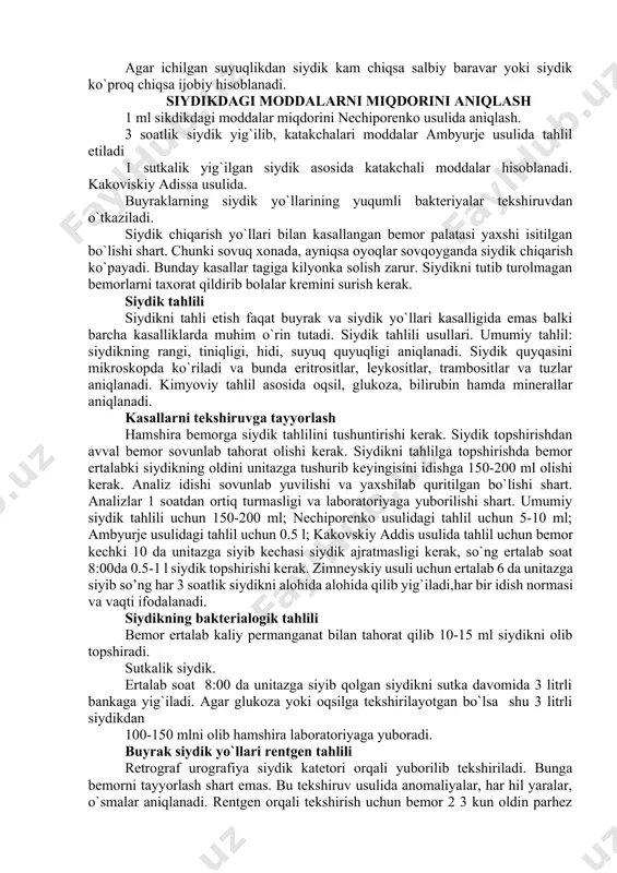 yish xolatlari. bu qaysi xolatlarda bo`ladi: sistit, uretrit, piyelo nefrit va buyrak tuberkulyozida. stranguriya. bunda siydik ajratish tomchilab bo`ladi. bunga asosiy sabab organizmning shish hisobiga. bu buyrak kassalikgi chiqarish yo`llarida kasallangan bemorlar uzoq vaqt davollanmasligi natijasida kelib chiqadi. bu shishlar yuz va oyoqlarda kuzatiladi. beldagi og`riqlar. buyrak va siydik chiqarish yo`llari bilan kasalangan bemorlarda uchraydi. asosan buyrak kasalligida. buyrak shishganda bu paytlarda kamdan kam lekin tez tez bo`ladi. ko`p holatlarda buyrak va bel og`rishi qon bosimi ko`tarilishiga sabab bo`ladi. beldagi og`riq ko`p hollarda siydik yollari qovuqlar va jinsiy a`zolar bilan birga bir vaqtda og`riq bo`ladi. bunday hollarda shifokor kelguniga qadar iliq suvli vanna yoki grelka qo`yiladi. vannalar qabul qilishda harorat 38-39c dan oshmasligi lozim. davomiyligi 10-20 minutdan oshmasligi kerak virach ko`rsatmasiga binoan qabul qilish kerak. arterial gipertenziya. buyrak kassaligi bilan ogrigan kasallarda qon bosimi ko`tarilishi kechadi. bunda hechqanday qon bosimi oshishiga ta`sir ko`rsatuvchi omillar bo`lmaydi. buyrak to`liq davolanmaguncha qon bosimi …