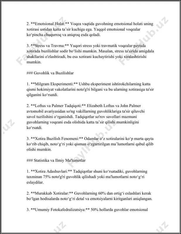 shi mumkin. 7. **bolalar xotirasi va uning ishonchliligi:** - bolalarda soxta xotiralar hosil bo'lishi ehtimoli kattalarnikidan yuqori bo'lib, taxminan 50% hollarda bolalar ko’pincha noto’g’ri yoki to'liq bo’lmagan ma’lumotni eslashlari mumkin. yuqoridagi raqamlar va tadqiqotlar natijalari inson xotirasining qanchalik ishonchsiz bo’lishi mumkinligini ko’rsatadi va bu ma’lumotlar inson xotirasiga tayanishda, masalan, huquqiy jarayonlarda ehtiyotkorlik bilan yondashish kerakligini ta’kidlaydi. 3. guvohlarning ta'sirchanligi guvohlarning ta'sirchanligi, yoki guvohlarning tasdig'i, ko'plab sohalarda muhim ijtimoiy jarayon bo'lib, guvohlar ko'rsatmalarini qanday mahsuldorlik va ishonchlilik bilan berishlari to'g'risida muayyan ma'lumotlarni o'z ichiga oladi. bu jarayon asosan sud-tibbiy ekspertiza, ijtimoiy psixologiya va kriminologiyada mas'uliyatli ahamiyat kasb etadi. quyida ushbu masalaga oid statistik ma'lumotlar va tadqiqot natijalari jamlangan. 1. **guvohlarning xotira qobiliyati**: psixologik tadqiqotlar guvohlarning eslab qolish qobiliyatidagi muayyan kamchiliklarni ko'rsatadi. hiynh va loftus tomonidan o'tkazilgan tadqiqot (1998 y.) guvohlar xotirasi ko'pincha buzilishi mumkinligini va guvohlarning 30% dan ortig'ining ko'rsatuvlarida noto'g'ri ma'lumotlar bo'lishi mumkinligini ko'rsatadi. 2. **stress va ta'sirchanlik**: stress va …