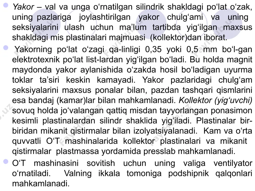 g burchak tezligi v (yoki aylanish chastotasi n) o‘zgarmas bo‘lsa yakor chulg‘ami eyuk ning kattaligi va yo‘nalishi mashina havo oralig‘i magnit induksiyasining kattaligi va yo‘nalishi bilan aniqlanar ekan. o‘t generatorining ishlash prinsipini eng oddiy o‘t generatori misolida ko‘rib chiqamiz. bunda mashinaning magnit qutblari orasida erkin aylanadigan po‘lat silindrga ikkita («ab» va «cd») o‘tkazgichning ketma-ket ulanishidan hosil bo‘lgan bitta o‘ram o‘rnatilgan bo‘lib, u yakor chulg‘amining eng oddiy bir qismidir. yakor o‘ramining uchlari 2 ta yarim halqaga ulangan. yarim halqalarga 2 ta qo‘zg‘almas cho‘tka tegib turadi. yakor aylantirilganda yarim halqalar o‘tkazgichlar bilan mos aylanadi. mazkur yarim halqalar ko‘rilayotgan oddiy o‘t mashinasining kollektoridir. o‘tkazgichda hosil bo‘lgan eyuk ning vaqt bo‘yicha o‘zgarish grafigi mashina havo oralig‘ida magnit induksiyaning taqsimlanish shakliga mos keladi. yakor aylanganda uning chulg‘am o‘tkazgichlari («ab»,«cd») magnit maydonda magnit induksiyaning kattaliklari har xil bo‘lgan holatlarni egallaydi (6,b-rasm). bunda o‘tkazgichlar har xil magnit qutblar tagidan o‘tgani tufayli unda hosil bo‘lgan eyuk va, demak, …