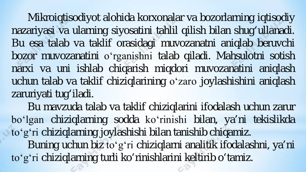 eometriyaning boshlang‘ich tushunchalaridan boʻlib, uni turli usullarda aniqlash mumkin. biz tekislikni aniqlashning ba’zi usullari bilan tanishib chiqamiz. shuni alohida ta’kidlashimiz zarurki, bizga ma’lum ma’lumotlar yordamida aniqlangan tekislik yagona boʻlishi kerak.  belgilangan m0(x0; y0; z0) nuqtadan oʻtuvchi va vektorga perpendikulyar tekislik tenglamasini tuzamiz. ma’lumki, bunday tekislik yagona. 0 0 0( ) ( ) ( ) 0a x x b y y c z z− + − + − = ( )0 0 00ax by cz d d ax by cz+ + + = = − − − yoki eslatma. tekislikka perpendikulyar boʻlgan har qanday vektor tekislikning normal vektori deyiladi. ( , , )n a b c ( , , )n a b c (3, 2,4)n −u holda vektor berilgan tekislikning normal vektori. ikkita parallel tekislik umumiy normalga ega. 3( 1) 2( 3) 4( 2) 0x y z− − + + + = m. m0(1; –3; –2) nuqtadan oʻtuvchi va 3x …