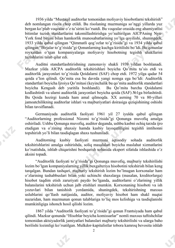 oldi. garchi, ushbu hujjatda asosiy e’tibor hali ham balans auditiga qaratilgan bo’lsa-da, unda foyda va zararlar hisoboti to’g’risida batafsil fikr yuritilgan edi. bu esa, xo’jalik operatsiyalari natijalariga qiziqish ortayotganligidan dalolat berar edi. 1929 yildagi nashrda bitimlar tuzish amaliyoti, shuningdek, ichki nazoratning muhimligi to’g’risida so’z boradi. 1936 yilda “mustaqil auditorlar tomonidan moliyaviy hisobotlarni tekshirish” deb nomlangan risola chop etildi. bu risolaning mazmuniga so’nggi yillarda yuz bergan ko’plab voqealar o’z ta’sirini ko’rsatdi. bu voqealar orasida eng ahamiyatlisi bitimlar tuzish standartlarini takomillashtirishga yo’naltirilgan aicpaning nyu-york fond birjasi bilan hamkorlik munosabatlarining yo’lga qoyilishi, shuningdek, 1933 yilda qabul qilingan “qimmatli qog’ozlar to’g’risida”gi va 1934 yilda qabul qilingan “birjalar to’g’risida”gi qonunlarning kuchga kiritilishi bo’ldi. bu qonunlar royxatdan o’tgan kompaniyalarga moliyaviy hisobotning tegishli shakllarini tuzishlarini talab qilar edi. auditni standartlashtirishning zamonaviy shakli 1939 yildan boshlanadi. mazkur yilda aicpa auditorlik tekshirishlari boyicha qo’mita ta’sis etdi va auditorlik jarayonlari to’g’risida qoidalarni (saf) chop etdi. 1972 yilga qadar 54 qoida …