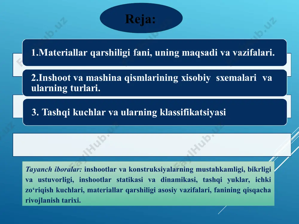 gan qismning qolgan qismiga ilgari ko’rsatgan tasiri gi, f2 ...kuchlar bilan almashtiriladi, bu kuchlar kesim yuzi bo’yicha taqsimlanadi yani ular kesimning har bir nuqtasiga qo’yilgan bo’lishi kerak; 4) qoldirilgan chap kismining muvozanat sharti yoziladi. sterjenga tekis kuchlar sistemasi tasir qilayotgan bo’lsa, quydagi muvozanat tenglamalaridan foydalaniladi. agar tasir qilayotgan kuchlar bir tekislikda yotmasa bir-tekislikda-yotmaydigan fazoviy sistema uchun berilgan oltita muvozanat tenglamalaridan foydalaniladi. agar tasir qilayotgan kuchlar bir tekislikda yotmasa, fazoviy sistema uchun berilgan oltita muvozanat tenglamalaridan fo’ydalaniladi. umumiy holda bursning ko’ndalang kesim yuzasida oltita ichki kuch faktori hosil bo’ladi. ichki bo’ylama kuch n x , ko’ndalang kuchlar q y va q z lar, hamda buralish momenti m x , vertikal va gorizontal tekisliklarda ichki eguvchi momentlar m y m z , bu ichki kuch faktorlarini yuqoridagi statikaning muvozanat tenglamalari yordamida topiladi. kuchlanishlar. normal va urinma kuchlanish kuchlanish ham ichki kuch singari vektorli qiymat bo’lib, ichki kuch yo’nalashida bo’ladi. demak, ichki kuch …
