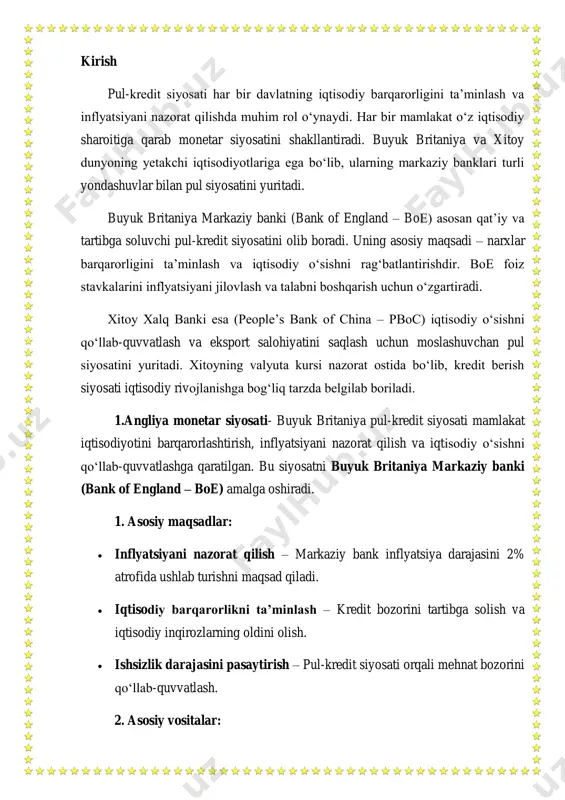 y bank obligatsiyalarni sotib olish yoki sotish orqali pul massasi hajmini boshqaradi.  kvantitativ yengillik (quantitative easing - qe) – iqtisodiy inqiroz davrida boe bozorlarga qo‘shimcha pul chiqarib, iqtisodiy faollikni oshiradi.  valyuta siyosati – funt sterlingning barqarorligini ta’minlash uchun markaziy bank valyuta intervensiyalarini amalga oshirishi mumkin. 3. pul siyosatining ta’siri:  agar foiz stavkalari oshirilsa, kredit olish qimmatlashadi, inflyatsiya kamayadi, lekin iqtisodiy o‘sish sekinlashadi.  agar foiz stavkalari tushirilsa, kredit olish arzonlashadi, iqtisodiy o‘sish rag‘batlantiriladi, lekin inflyatsiya oshishi mumkin. 4. so‘nggi yillardagi o‘zgarishlar:  2020-yil covid-19 pandemiyasi davrida boe iqtisodiyotni qo‘llab- quvvatlash uchun foiz stavkalarini rekord darajada pastga tushirdi (0,1%).  2022-2023 yillarda inflyatsiyaning keskin oshishi sababli markaziy bank foiz stavkalarini bir necha bor oshirib, inflyatsiyani jilovlashga harakat qildi. london dunyodagi eng yirik valyuta almashish markazi boʻlib, 2019-yilda 6,6 trillion dollarlik kunlik global savdoning 43,1% ulushiga egalik qilgan. eng yuqori kunlik hajm aqshning nyu-york shahrida savdo boshlanganda qayd etiladi. …