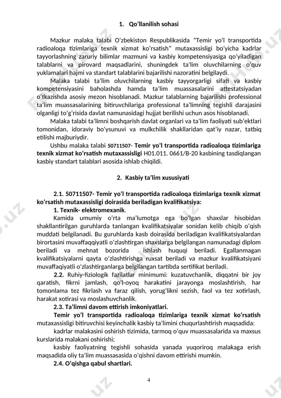 ‘rsatish, stansion va poezdli radioaloqa apparatlarini ishlatishga tayyorlash; · stansion punktlarni, lokomotivlarni stansion va poezdli radioaloqa qurilmalari bilan jixozlash; · stansion va poezdli radioaloqa qurilmalariga texnik xizmat ko‘rsatish va ularni nazorat qilish; · stansion va poezdli radioaloqasi apparatlarining bloklari buzilishlarini aniqlash, ularni ta’mirlash va o‘lchashlarni amalga oshirish. 4. ta’lim dasturini o‘zlashtirgan bitiruvchining umumiy va kasbiy kompetensiyalariga qo‘yiladigan talablar 4.1. temir yo‘l transportida radioaloqa tizimlariga texnik xizmat ko‘rsatish mutaxassisligi bitiruvchilari umumiy kompetensiyasiga qo‘yiladigan talablar: ptm bitiruvchisi quyidagi umumiy kompetensiyalarga ega bo‘lishi kerak: uk-1. kasbiy faoliyat doirasida vujudga keladigan turli masalalar yechimini topish usullarini tanlay olish; uk-2. rahbar tomonidan belgilangan maqsadga erishish uchun jamoada ishlay olish; uk-3. o‘zining kasbiy malakasini va shaxsiy kamolotini takomillashtirib borish; uk-4. jamoada va ma’lum vazifani bajarishga yo‘naltirilgan guruhda ishlash, hamkasblar, rahbarlar va mijozlar bilan samimiy, xushmuomala va samarali muloqot qilish; uk-5. ta’lim olgan tilida fikrini og‘zaki va yozma ravishda ravon bayon qilish; uk-6. umuminsoniy fazilatlarga ega bo‘lish, …