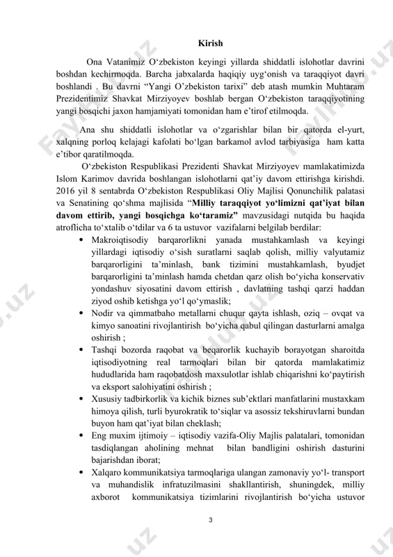 ri, tomonidan tasdiqlangan aholining mehnat bilan bandligini oshirish dasturini bajarishdan iborat; · xalqaro kommunikatsiya tarmoqlariga ulangan zamonaviy yo‘l- transport va muhandislik infratuzilmasini shakllantirish, shuningdek, milliy axborot kommunikatsiya tizimlarini rivojlantirish bo‘yicha ustuvor vazifalar belgilab berildi. [footnoteref:1] shavkat mirziyoyevning ushbu nutqi o‘zbekistonda demokratik islohotlarning izchil davom ettirishning yorqin dalili edi. [1: shavkat mirziyoev . milliy taraqqiyot yo‘limizni qat’iyat bilan davom ettirib, yangi bosqichga ko‘taramiz. o‘zbekiston respublikasi oliy majlisi qonunchilik palatasi va senatining qo‘shma majlisidagi nutq. 2016 yil 8 sentabr. shavkat mirziyoev, asarlar, 1- jild, “o‘zbekiston”, 2017, 13-15 – betlar. ] 2016 yil 8 sentyabrda shavkat mirziyoyev vaqtincha prezidentlik lavozimini bajarishga kirishar ekan, o‘zbekiston respublikasi birinchi prezidenti boshlab bergan demokratik islohotlar yo‘lini qatiyat bilan davom ettirishga kirishganligini ma’lum qildi va “milliy taraqqiyot yo‘limizni qat’iyat bilan davom ettirib, yangi bosqichga ko‘taramiz” -deya ma’lum qildi. 2030 yilga qadar o‘zbekistonda yalpi ichki maxsulotni ikki barobardan ortiq oshirishdan iborat strategik rejani amalga oshirishga kirishildi. i. bob. prezident …
