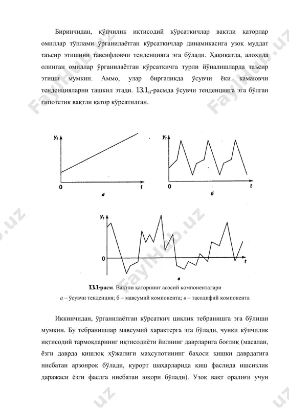 всумий характерга эга бўлади, чунки кўпчилик иқтисодий тармоқларнинг иқтисодиёти йилнинг даврларига боғлиқ (масалан, ёзги даврда қишлоқ хўжалиги маҳсулотининг баҳоси қишки даврдагига нисбатан арзонроқ бўлади, курорт шаҳарларида қиш фаслида ишсизлик даражаси ёзги фаслга нисбатан юқори бўлади). узоқ вақт оралиғи учун маълумотларнинг катта тўплами мавжуд бўлганда бозор конъюктурасининг умумий динамикаси ҳамда мамлакат иқтисодий ҳолати билан боғлиқ бўлган циклик тебранишларни аниқлаш мумкин. 13.1б)-расмда фақат мавсумий компонентага эга бўлган гипотетик вақтли қатор келтирилган. айрим вақтли қаторлар ҳеч қандай тенденцияга ва вақтли компоненталарга эга бўлмайди, уларнинг ҳар бир кейинги даражаси қаторнинг ўртача даражалари йиғиндиси ва айрим (манфий ёки мусбат) тасодифий компоненталардан ташкил топади. 13.1в)-расмда фақат тасодифий компоненталарга эга бўлган қатор келтирилган. албатта, юқорида келтирилган моделларнинг ҳеч биридан тўлиғича ҳақиқий маълумотлар келиб чиқмайди. асосан, моделлар уччала компоненталарни ўз ичига олади. қаторнинг ҳар бир даражаси тенденция, динамик тебранишлар ва тасодифий компоненталар таъсирида шаклланади. кўп ҳолатларда вақтли қаторларнинг ҳақиқий даражасини тренд, циклик (даврий) ва тасодифий компоненталарнинг йиғиндиси ёки …