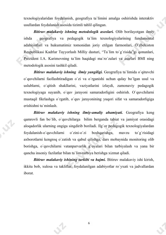 giyalardan foydalanish-o`quvchilarni o`zini-o`zi boshqarishga, mavzu to`g`risidagi axborotlarni kengroq o`zatish va qabul qilishga, dars mobaynida monitoring olib borishga, o`quvchilarni vatanparvarlik g`oyalari bilan tarbiyalash va yana bir qancha insoniy fazilatlar bilan ta`lim-tarbiya berishga xizmat qiladi. bitiruv malakaviy ishining tarkibi va hajmi. bitiruv malakaviy ishi kirish, ikkita bob, xulosa va takliflar, foydalanilgan adabiyotlar ro`yxati va jadvallardan iborat. i bob. kadrlarni tayyorlashda yangi ta`lim texnologiyalarining o`rni “kadrlar tayyorlash milliy dasturi” tasodifan paydo bo`lgani yo`q-bu aynanshu halqimizning qon-qoniga singigan ma`rifat qonuniyatining davomi.1 i.a. karimov “bir narsa ravshan-ishchilar va injener – texnik kadrlar tayyorlashning tarkib topgan sistemasini tubdan yangilash talab qilinadi... “bir narsa ravshan-ishchilar va injener – texnik kadrlar tayyorlashning tarkib topgan sistemasini tubdan yangilash talab qilinadi... moddiy bazani mustahkamlash, kadrlar masalasi, ma`naviy ehtiyojlar-bularning hammasi diqqat-e`tiborimizda bo`lishi kerak. bu gap tarixiy va madaniy meros masalalariga, asossiz tarzda unutib yuborilgan xalq an`analarini va udumlarini tiklashga ham to`la taalluqlidir”.2 1.1. innavatsion texnologiyalar tushunchasi mamlakatimizda mustaqillikdan so`nggi davrlarda ta`lim …