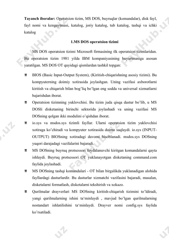 chi sohasidir. faylda dastur va hujjat matnlari, bajarilishi mumkin bo’lgan dasturlar va hokazolar saqlanadi. fayllar 2 xil bo’ladi: matnli va ikkili tizimdagi. matnli fayllar foydalanuvchi o’qishi uchun mo’ljallangan. har bir fayl ikki qismdan iborat bo’lgan nomga ega. fayl nomining birinchi qismi asosiy qismi hisoblanadi va 1 tadan 8 tagacha belgidan iborat bo’ladi. fayl nomining ikkinchi qismi kengaytma deyiladi va 1 tadan 3 tagacha belgidan iborat bo’ladi. fayl nomining asosiy qismi kengaytmadan nuqta bilan ajratiladi. masalan: сommand.com autoexec.bat ma’ruza.txt hisobot1.doc faylga nom berishda faqat lotin harflaridan foydalanish maqsadga muvofiqdir. fayl nomida kengaytma bo’lishi shart emas. lekin kengaytma qoidaga ko’ra, faylning qaysi turda ekanligini aks ettiradi va shu bilan foydalanuvchiga qulaylik yaratadi. masalan: .com va .exe ishlatishga tayyor buyruqli va bajariladigan faylar; .bat - foydalanuvchi yaratgan buyruq fayllar; .bak - faylning o’zgarishdan avvalgi nusxasi; .txt - matnli fayl; .doc – matnli, hujjatli fayl; .bas - beysik tilida to’zilgan dastur fayli; .jpg va …