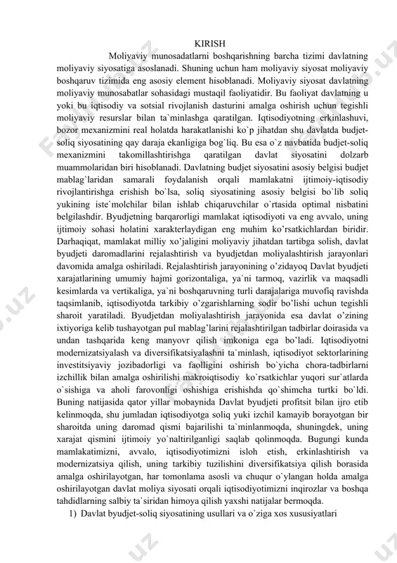 ni inqirozlar va boshqa tahdidlarning salbiy ta`siridan himoya qilish yaxshi natijalar bermoqda. 1) davlat byudjet-soliq siyosatining usullari va o`ziga xos xususiyatlari davlatning asosiy vazifalaridan biri iqtisodiyotni barqarorlashtirish hisoblanadi. bunday barqarorlashtirishga monetar siyosat bilan birga byudjet-soliq siyosati orqali ham erishiladi. byudjet-soliq siyosati deganda noinflyatsion yaim ishlab chiqarish sharoitida iqtisodiyotda to`liq bandlilikni, to`lov balansining muvozanatini va iqtisodiy o`sishni ta`minlashga qaratilgan davlat xarajatlari va soliqlarini o`zgartirishni o`z ichiga olgan chora tadbirlar tushuniladi. iqtisodiyot turg`unlik yoki pasayish davrida bo`lgan vaziyatlarda davlat tomonidan rag`batlantuvchi byudjet-soliq siyosat - fiskal ekspansiya olib boriladi. ya`ni, davlat qisqa muddatda iqsodiyotning pasayishi muammosini davlat xarajatlarini oshirish yoki soliqlarni kamaytirish, yohud ikkalasini bir vaqtning o`zida olib borish evaziga hal etadi. uzoq muddatda davlat xarajatlarining yuqori bo`lishi va soliqlarni kamaytirish ishlab chiqarish omillarining o`sishiga va natijada, iqtisodiy salohiyatning ko`tarilishiga olib kelishi mumkin. ammo, bunga markaziy bank tomonidan olib boriladigan pul-kredit siyosatidan samarali foydalanish va davlat xarajatlari tarkibini maqbul holatga olib kelish orqaligina …