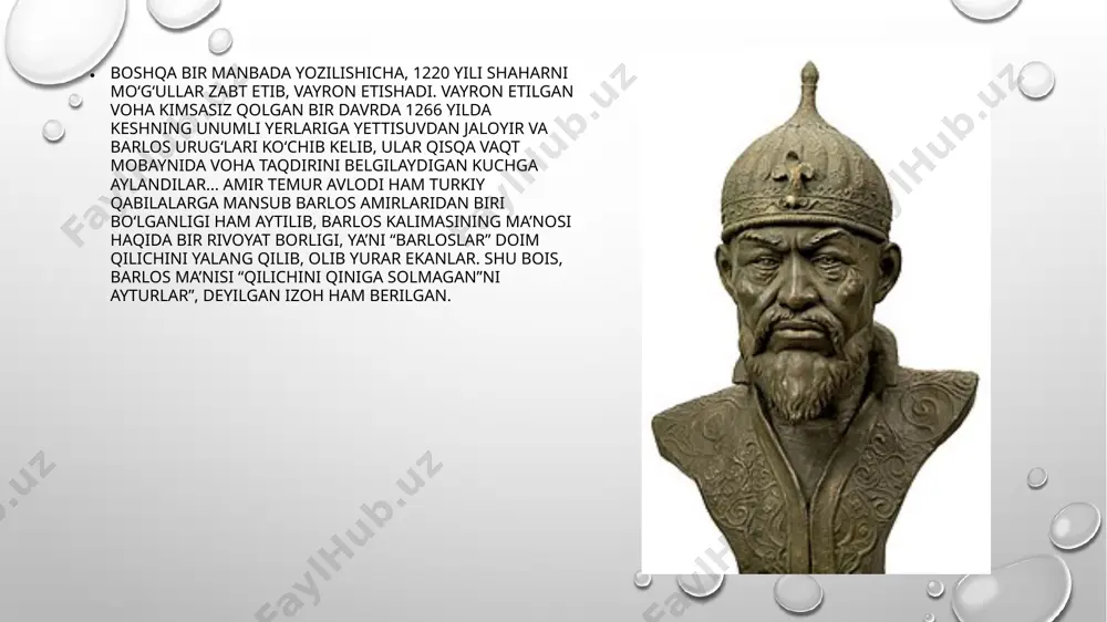 tug‘ilgan shohruh mirzo. 1447-yilda vafot etgan. yetti o‘g‘il qolgan: ulug‘bek mirzo, ibrohim sulton mirzo, boysunqur mirzo, suyurg‘atmish mirzo, muhammad jo‘ki mirzo, jon o‘g‘lon, muhammad yoriy mirzo. ulug‘bek mirzodan boshqa barcha o‘g‘illar otasidan avval dunyodan o‘tganlar.qabri samarqandda, amir temur maqbarasida. amir temur qizlari birinchi qizi – oqa begi xonim 1359-yilda turmish oqadan tug‘ilgan. muhammadbek ibn musoga uzatganlar, bu nikohdan sulton husayn mirzo tug‘ilgan.1382-yilda yigirma uch yoshida betob bo‘lib, olamdan ko‘z yumgan. qabri shahrisabzda. ikkinchi qizi – sulton baxt begim 1362-yilda uljoy turkon oqa degan xotinidan tug‘ilgan. amir muhammad mirakka uzatadilar, lekin kuyov sohibqironga qarshi tig‘ ko‘tarib chiqadi va jangda halok bo‘ladi. ikkinchi marta sohibqiron jiyani amir sulaymonshohga turmushga chiqadi. 1430-yilda vafot etgan. temuriylar shajarasi temuriylar sulolasi, oʻzini koʻragoniy deb ham atagan, diniy jihatdan sunniy musulmon sulola millat jihatidan esa turk urugʻi, fotix temur avlodidan boʻlgan. „koʻragoniy“ soʻzi moʻgʻulcha „kuragan“ soʻzining mahalliy turkiy xalq tilida oʻzgartirilgan shakli boʻlib, „kuyov“ maʼnosini bildiradi. bu …