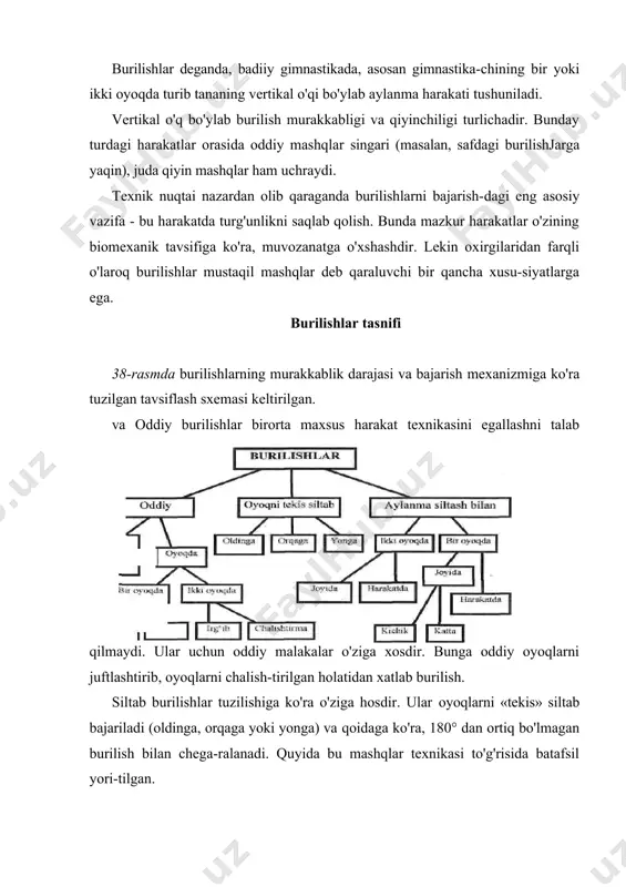 ha turlari tayanchdan depsinishga asoslanadi. bunda burilish o'qiga nisbatan zarur aylanma harakatni chaqiruvchi tashqi kuch vaqti paydo bo'ladi. ko'p hollarda buning uchun oyoq bilan yoki tayanchdan depsinish qo'llaniladi. lekin, burilishlar turlarida depsinishning umumiy mexanizmi turlicha amalga oshiriladi. bu yerda tayanchning xarakteri, tayanmagan a'zolar bilan siltanish harakatlarini mavjudligi va jadalligi, tanani vertikal o'q atrofida tekis burilishga erishish zarurati va imkoniyati va boshqa omillar rol o'ynaydi. quyida burilish texnikasiga taalluqli bo'lgan ba'zi asosiy holatlar ko'rib chiqiladi. burilishdagi depsinish mexanizmi sakrashdagi depsinishga juda o'xshash {27-rasmga qarang). farqi shundaki, burilishda gimnastikachi tanasini harakatga keltiruvchi tayanch reaksiyasi kuchi yelkalarga ta'sir etadi va tanaga ko'chuvchi yoki ulama emas (sakrashdagi kabi), balki berilgan o'q atrofida aylanma harakat to'g'risida habar beradi. gimnastikachi tanasiga tayanch reaksiyasi kuchi vaqtining ta'sir jarayoni 34-rasmda oddiyroq qilib ko'rsatilgan. gimnastikachi qo'l bilan chapga aylanma harakat qila turib va bir vaqtning o'zida gavdani aylanishga tortib, o'ng oyoqda o'ngga-orqadan depsinadi. bunda oyoq qandaydir, kuch (f) bilan …