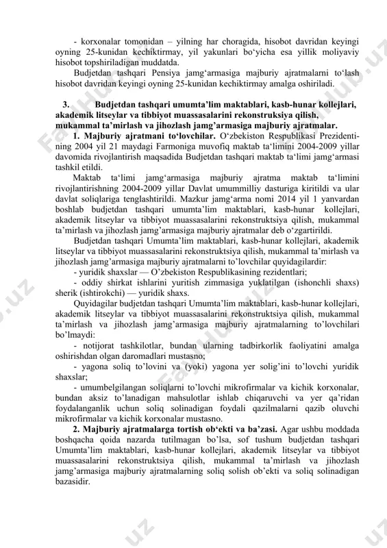 lov, ta‘minot-sotish tashkilotlari qqs chegirilgan holda tovar aylanmasi hajmi 3. ulgurji savdo korxonalari uyushmasi tizimiga kiradigan respublika ixtisoslashtirilgan ulgurji baza-kontoralari va ularning hududiy (viloyat, viloyatlararo va tumanlararo) bazalari yalpi daromad 4. “o‘zdonmahsulot” ak korxonalari (g‘alla qabul qilish korxonalari va don qabul qilish faoliyatini amalga oshiruvchi donni qayta ishlash korxonalari) qqs chegirilgan holda ta‘minot-sotish ustamasi va chegirmasi 5. kredit va sug‘urta tashkilotlari daromad 6. moliyaviy ijara (lizing) xizmatlarini ko‘rsatadigan korxonalar foizli daromad 7. kommunal xo‘jalik tizimining issiqlik, suv va gaz ta‘minoti korxonalari mahsulot (ishlar, xizmatlar) sotilishi hajmi, qqsni va tegishincha issiqlik ta‘minoti korxonalari uchun - issiqlik energiyasi, suv ta‘minoti korxonalari uchun - suv, gaz ta‘minoti korxonalari uchun - tabiiy gazning xarid qiymatini chegirgan holda 8. qurilish, qurilish-montaj, ta‘mirlash-qurilish, ishga tushirish-sozlash, loyiha-qidiruv va ilmiy- tadqiqot tashkilotlari qqsni chegirgan holda o‘z kuchlari bilan bajarilgan ishlar hajmi 9. iqtisodiyotning boshqa tarmoqlari korxonalari mahsulot (ishlar, xizmatlar) sotilishi hajmi, qqs va aksiz solig‘ini chegirgan holda yuridik …