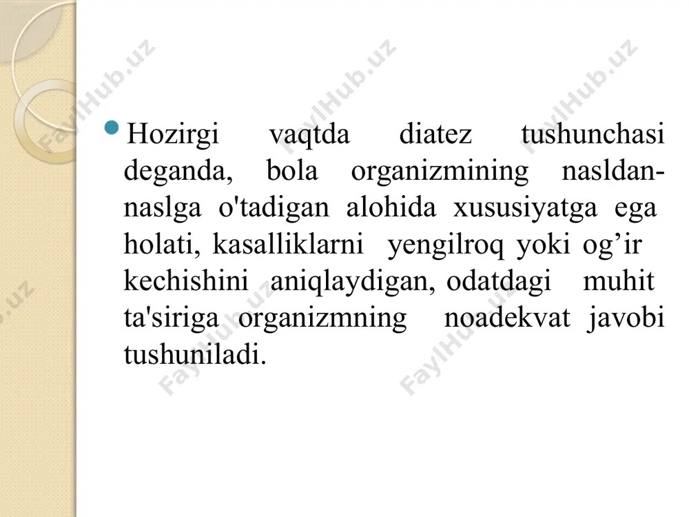 bir vaqtdagi allergik kasalliklari, autoimmun va immunokompleks kasalliklar kuzatiladi. genealogik anamnez allergik diatez diagnozi genealogik anamnezga asoslanadi, agar allergik kasallik o’rtasida bo’lsa 30% bolalarda bu diatez rivojlanadi, agar allergik kasallik onasida bo’lsa bolada 50% holda, agar allergiya ikkala ota-onasida diagnostika qilingan bo’lsa 75% bolalarda diatez rivojlanadi. allergik zararlanishning davosi mutaxasislar tomonidan o’tkaziladi (masalan, allergolog, dermatolog). limfatiko-gipoplastik (limfatik) diatez - bola hayotining birinchi 7 yoshigacha bo’lgan davrdagi konstitusiya anomaliyasi, limfa tugunlari va ayrisimon bezning generalizasiyalashgan kattalashishi, endokrin tizimning disfunksiyasi (buyrak usti bezining, simpatik-adrenal tizimning gipofunksiyasi), atrof muhitga bo’lgan o’zgarishning pasayishi, yuqumli va allergik kasalliklarga moyillikning ustunligi bilan xarakterlanadi. bu diatezning yuzaga kelishida homila ichi davrida va homiladan tashqari hayotining birinchi haftasida toksik-infeksion va uzoq muddatli gipoksiya rol o’ynaydi. limfatiko-gipoplastik diatez tana vazninig ortiqligi, kerikish, bo’yni kalta , suyaklarning qo’polligi, periferik limfa tugunlarining kattalashishi, tanglay va tomoq bodomcha bezlarining kattalashishi xarakterlidir. bolalar apatik, lanj, tez charchaydi. tomoq bodomcha bezlarining o’sishi bilan burundan …