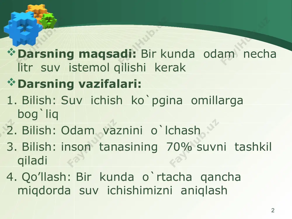 uvni tashkil qiladi? 40kg vaznga ega odam necha litr suv ichishi kerak? 30 kg bo`lgan o`quvchi necha litr suv ichishi kerak? * uyga vazifa: oila a`zolarigizni vaznini bilgan holda necha litr suv ichishini aniqlang m: otam,onam,akam,ukam ,opam, singlim………. *
