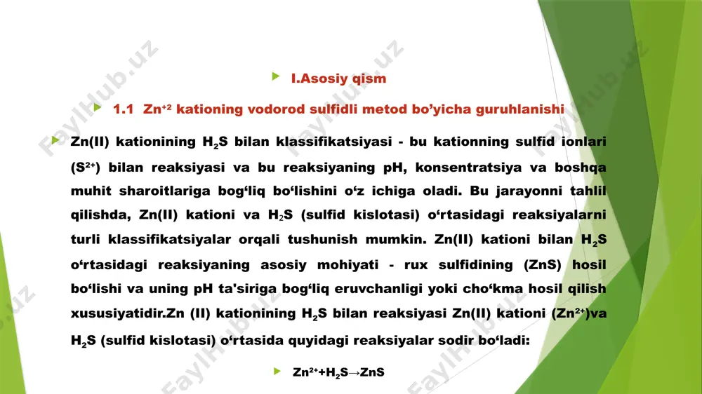 ni kuzatgan bo‘lsangiz, bu sink kationi mavjudligini tasdiqlaydi. iii.xulosa rux (ii) kationining analitik kimyosi bo‘yicha o‘tkazilgan kurs ishi, ruxning kimyoviy xossalarini, shu jumladan uning analitik kimyoda qanday aniqlanishi va ajratilishi mumkinligini chuqur o‘rganishga yo‘naltirilgan edi. tadqiqot davomida rux (ii) kationi ning xossalari, analitik usullari va amaliy qo‘llanilishi hamda tajriba natijalari batafsil tahlil qilindi.rux(ii) kationining kimyoviy xossalari: ruxning kimyoviy xossalari, ayniqsa uning +2 oksidlanish darajasi (zn²⁺), boshqa metallar bilan reaksiyaga kirishish qobiliyati va amfoter xususiyatlari analitik kimyoda muhim o‘rin tutadi. iv.foydanilgan adabiyotlar khasanov, a. a. (2009). analitik kimyo asoslari. toshkent: "o‘qituvchi" nashriyoti. skoog, d. a., west, d. m., holler, f. j. (2014). analitik kimyo. toshkent: "fan" nashriyoti. mamedov, m. g. (2010). murakkab tizimlarning analitik kimyosi. toshkent: "uzbekistan" nashriyoti. qosimov, a. q. (2005). kimyo elementlari va ularning tahlili. toshkent: "fan" nashriyoti. dastan, e. (2003). metall kationlarini tahlil qilish metodlari. toshkent: "ilm" nashriyoti. garabedian, j. (1998). elementlar va ularning kimyoviy tahlili. toshkent: "o‘qituvchi" …