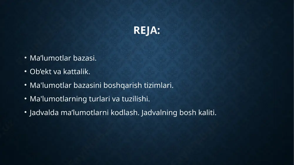 uni dolzarb holatda ushlab turish, kеrakli axborotni topishni tashkil etish va boshqa xizmat ko`rsatish uchun zarur bo`ladigan dasturiy va til vositalari majmuasidir. mbbt misoli sifatida quyidagilarni kеltirish mumkin: -dbase dasturi; -microsoft access; -microsoft for pro for dos; -microsoft for pro for windows; -paradox for dos; -paradox for windows. ma'lumotlar bazasidagi axborotlar bir necha usullar bilan tashkil etilishi mumkin. ma'lumotlar bazalarining eng sodda va keng tarqalgan shakli jadval ko’rinishidir. ma'lumotlar bazasining bunday ko’rinishi relyatsion bazalar deb ataladi. ob'ekt — mavjud bo’lgan va o’ziga o’xshash narsalardan ajralib turadigan alohida olingan predmet. masalan, institut yoki universitet ob'ekt hisoblanadi. shuningdek, kimyoviy modda, biror qotishma, firma, zavod, inson ham ob'ekt bo’la oladi. ob'ekt sifatida nafaqat moddiy predmetlar, balki haqiqiy dunyoni aks ettiruvchi abstrakt tushunchalar ham qaralishi mumkin. masalan, san'at asarlari, kitoblar, teatrlardagi sahna ko’rinishlari, kinofilmlar, huquqiy normalar, falsafiy nazariyalar va boshqalar. bunga o’xshash ob'ektlar guruhi ob'ektlar to’plamini hosil qiladi. masalan, kasb-hunar kolleji yoki universitetlardagi guruhlar, …