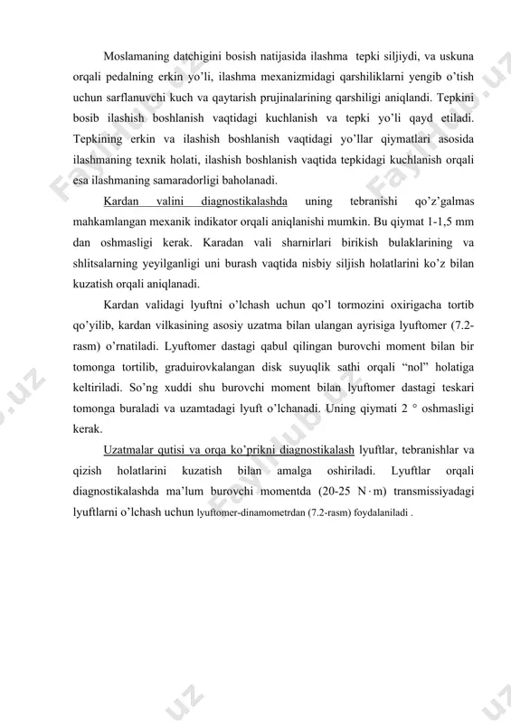 ich va chegaraviy miqdorlar me’yori mos ravishda 0,2-0,6 mm va 1,0 mm ni tashkil etadi. bundan tashqari sinxronizator yi’gilgan holatida tishli ‘gildirak bilan uning konusi orali’gidagi tirqish tekshiriladi (7.4-rasm). тirqish me’yori bosh’gan’gich holatda 1,0 mm, chegaraviysi 0,5 mm bo’lishi kerak. 7.3-rasm. sinxronizator muftasi bilan bosqichlash richagi orasidagi tirqishni tekshirish. 7.4-rasm. тishli ‘gildirak bilan sinxronizator konusi orali’gidagi tirqishni tekshirish. bosqichlash vilkasi ishchalanuvchi yuzalarining yeyilganik me’yorlari (7.4-jadval) ham mavjud bo’lib, ular ta’mirlash jarayonida nazoartdan o’tkaziladi (7.5-rasm). 7.4-jadval vilka turi vilka uchlari qalinligi me’yorlari, mm boshlan’gich chegaraviy past po’gona vilkalari 8,7 8,1 yuqori po’gona vilkalari 7,8 7,2 beshinchi po’gona vilkalari 7,8 7,2 7.5-rasm. bosqichlash vilkasini tekshirish. oldingi ko’priklari yetaklovchi bo’lgan avtomobillar uzatmalar qutisi diffirensial bilan birgalikda yasalgan bo’lib, uzatmalar qutisini tamirlash jarayonida diiferensial ham nazoratdan o’tkaziladi. differinsialni tekshirish satellit o’qi bo’yicha lyuftni (me’yor 0,05-0,33 mm) indikatorli maxsus moslamada o’lchashdan boshlanadi (7.6-rasm), so’ng rostlovchi tayanch zichlagichlarning yeyilganligi yoki qirilganligi ko’riladi. lyuft yoki yeyilganlik alomatlari …