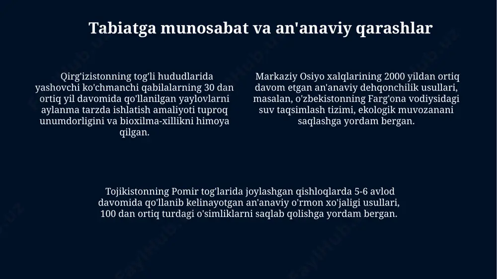 ikni saqlashga qaratilgan. markaziy osiyo davlatlarining 2010-2020 yillar oralig'ida 50 dan ortiq xalqaro ekologik loyihalarda, jumladan, aral dengizi havzasini tiklash bo'yicha dasturlarda ishtiroki sezilarli darajada oshib bordi. kelajakdagi istiqbollar va takliflar markaziy osiyo davlatlarida 2030-yilgacha ekologik barqarorlikni ta’minlash uchun 5 milliard dollar miqdorida xalqaro grantlarni jalb qilish va samarqand viloyatida namuna sifatida ekologik toza sanoat zonalarini yaratish taklif etiladi. qozogʻiston, qirgʻiziston va tojikiston oʻrtasida transchegaraviy suv resurslarini boshqarish boʻyicha 3 yillik qoʻshma dasturni ishlab chiqish va uni 10 ta muhim ekologik koʻrsatkich asosida baholash kerak. oʻzbekistonning qoraqalpogʻiston respublikasida chōl va dasht zonalarida 100 ming gektar maydonda tuproq eroziyasini kamaytirishga qaratilgan ekologik loyihalarni amalga oshirish va 5 yil ichida natijalarini tahlil qilish zarur. e'tiboringiz uchun rahmat @taqdimot_robot image1.jpg