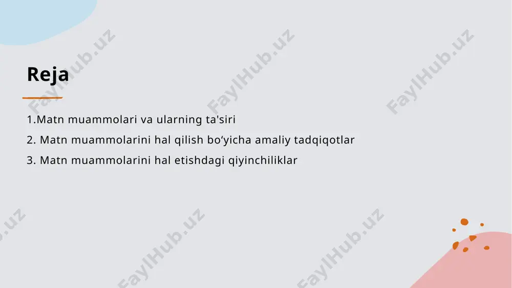 y tadqiqotlar orqali real muammolarni bartaraf etish va dolzarb yechimlar ishlab chiqishga imkon beradi, shuningdek, natijalar amaliyotga tatbiq etilishi mumkin. 3 misollar va natijalar - masalan, adabiyotshunoslikda matnning kontekstual tahlili, matn muammolarini aniqlash va ularni hal etishda muhim rol o'ynaydi, bu esa o'z navbatida yangi tadqiqotlarni ilhomlantiradi. matn muammolarini hal qilishda innovatsion yondashuvlar. 1 innovatsion texnologiyalar matn muammolarini hal qilishda sun'iy intellekt va mashinani o'rganish texnologiyalari muhim rol o'ynaydi, tahlil jarayonlarini avtomatlashtirishga yordam beradi. 2 ochiq ma'lumotlar ochiq ma'lumotlar platformalari tadqiqotchilarga keng qamrovli matn manbalariga kirish imkonini beradi, bu esa yanada chuqur tahlillarga yo'l ochadi. 3 ko'p tilli tahlil ko'p tilli tahlil usullari matnlarni turli tillarda o'rganish imkonini beradi, bu esa lingvistik tadqiqotlar va madaniyatlararo tushunishni rivojlantiradi. 4 innovatsion metodlar matn muammolarini hal qilishda yangi metodologiyalar, masalan, kontekstual tahlil va interaktiv usullar, tadqiqot sifatini oshirishga yordam beradi. amaliy tadqiqotlar orqali matn muammolarini aniqlash. 1 amaliy tadqiqotlar - amaliy tadqiqotlar matn …