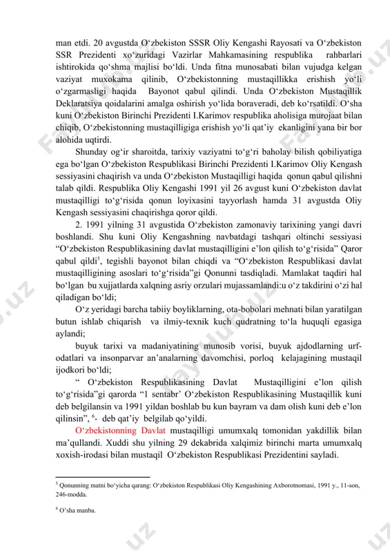 quvvatlarini rekonstruksiya qilish, qancha miqdorda, kimga va qachon qo‘shimcha xom ashyo ajratish evaziga ahvolni yaxshilash imkoniyatlari to‘g‘risida amaliy tadbirlar bo‘lmagan. bu davrda yildan-yilga tobora keskinlashib kelayotgan asosiy ijtimoiy muammo - bu aholi o‘rtasida ishsizlar sonining jadal ravishda o‘sib borishi edi. mamlakatimiz rahbari o‘sha davrda vujudga kelgan ahvoldan chiqish yo‘li sifatida quyidagilarni belgilab berdi: a) ishlarning ahvoliga xolis baho berish, respublikadagi vaziyatni sog‘lomlashtirishning konkret va aniq-puxta dasturini ishlab chiqish; b) hayotning barcha sohalarida qat’iy tartib va intizom o‘rnatish, rahbar kadrlarni joy-joyiga to‘g‘ri qo‘yish, ularga nisbatan talabchanlikni oshirish. demak, yuqoridagi fikrlardan kelib chiqqan holda, harbiy xizmatchilar bilan olib boriladigan ma’naviy-ma’rifiy tayyorgarlik mashg‘ulotlarida mustaqillikkacha bo‘lgan davr bilan bog‘liq bo‘lgan tarixiy jarayonlarni falsafiy-mantiqiy tushunish, istiqlol tarixini anglash, tarixiy-siyosiy voqelik va hodisalarga tahliliy yondashish, ularning bosqichma-bosqich kurashlar evaziga qo‘lga kiritilganini idrok etish masalalarga chuqur yondashish zarur edi[footnoteref:4]. [4: abdullaev rustamjon, iqtisod fanlari doktori, akademik. islom karimov — o‘zbek davlatining asoschisi https://uz.fundamental-economic.uz/?page_id=466] ana shunday og‘ir, sarosimali …