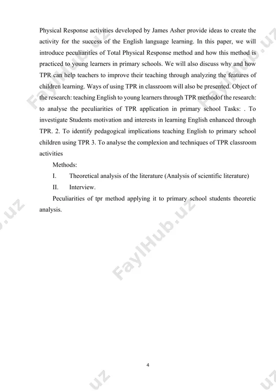 between language and movement. his work led him to formulate the theory known today as total physical response, or tpr. asher (as cited in richards and rodgers, 2001:75) developed tpr relying on three learning hypotheses facilitate and inhibit foreign language learning. those hypotheses are the bio-program, brain lateralization, and reduction of stress.first hypothesis is the bio-program. asher believed that first and foreign language learning is parallel process. asher mentioned three processes as essential: first children develop listening competence before the ability to speak. second, childrens ability in listening comprehension is learned because children are required to respond physically to spoke language in form of parental command. third, when listening comprehension has been established, speech develops naturally and effortlessly. according to asher, brain and nervous system is biologically programmed both in a particular sequence and mode. the sequence is listening before speaking. the mode is to deal language with the individuals …