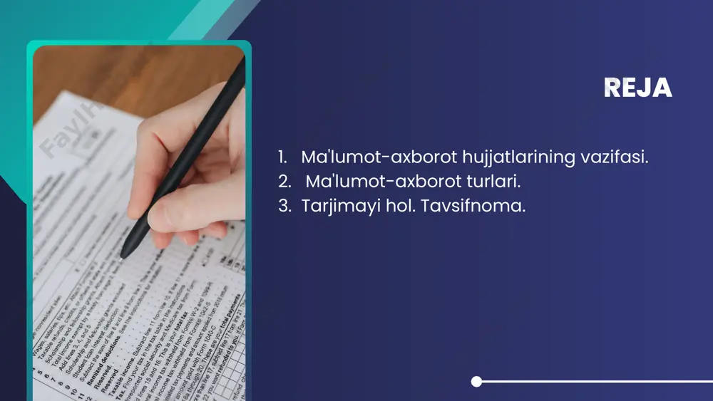 tlarini aks ettiruvchi rasmiy hujjatdir. tavsifnoma muassasa ma'muriyati yoki jamoat tashkilotlari (agar ular mavjud bo'lsa) tomonidan xodimga bir qancha maqsadlar uchun (o'quv yurtiga kirishda, xorijiy mamlakatlarga ishlash va boshqa yumushlar uchun ketishda, lavozimga tayinlashda yoki shahodatlantirish va boshqa hollarda) beriladi. tavsifnomada xodimning jamoatchilik va xizmat faoliyati, uning ishchanligi va axloqiy sifatlari ham ko'rsatib o'tiladi. tavsifnomaning asosiy zaruriy qismlari quyidagilardan iborat: 1.tavsiflanayotgan shaxs haqida asosiy ma'lumotlar: a)ismi, otasining ismi va familiyasi ; b) tug‘ilgan yili ; v)millati; g) partiyaviyligi ; d)ma'lumoti ; e)lavozimi ; yo) ilmiy darajasi va unvoni. 2.hujjat nomi (tavsifnoma). 3. matn. 4. imzolar. 5. sana. 6. muhr. tavsifnoma matnini o'zaro mantiqan bog'langan uch tarkibiy qismga ajratib ko'rsatish mumkin. rasmiy va shaxsiy ishonchnomalar. tilxatning zaruriy qismlari va uni tuzuvchi shaxslar. ishonchnoma muayyan muassasa yoki ayrim shaxs o'z nomidan ish ko'rish uchun ikkinchi bir shaxsga ishonch bildiradigan yozma vakolatli hujjatdir. ishonchnomalar o'z mazmuniga ko'ra mol-mulkni boshqarish, pul va moddiy- buyum …
