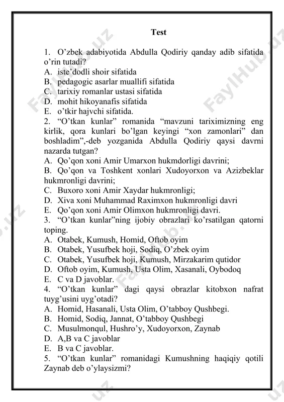 a loqaydlik, tuzum kishilaridagi hasad, g’araz, chaqimchiliklar e. xudoyorxonning kaltafahmligi. 8. qanday kuyni chalay, bek aka? otabek sarxush tovush bilan jiddiygina qilib dedi: “bilsangiz, haydalish kuyini chalingiz, ajralish kuyini chalingiz”. “otkan kunlar”dan olingan bu parcha asarning qaysi bobida uchraydi? a. haydalish kuyi b. navoiy kuyi c. bir g’aribu bechora d. bizda kim ko’p yig’laydi e. quvlanish. 9. asarda g’am hasrat fojiasi otabekdan ham bo’lmagan, bechora g’arib inson kim edi? a. hasanali b. oybodoq c. kumush d. usta olim e. xushro’y 10. ”otabek xolsizlanib oyoq uzra va orqasidagi yarim yalang’och ko’lankani ko’rib, bir necha qadam, qabr tomonga tislandi”. bu ko’lanka kimniki edi? a. qur’on tilovat qilgan qoriniki edi; b. xushro’yning ko’lankasi edi c. kumush arvohining ko’lankasi edi d. zaynabning ko’lankasi edi e. tilanchi ayolning ko’lankasi edi. 11. otabekning kumushdan xotira bo’lib qolgan o’g’lining nomi… a. oybek b. yodgor c. farxod d. yusufbek e. nomi aytilmagan 12. “mehrobdan chayon” romanining bosh mavzusi …