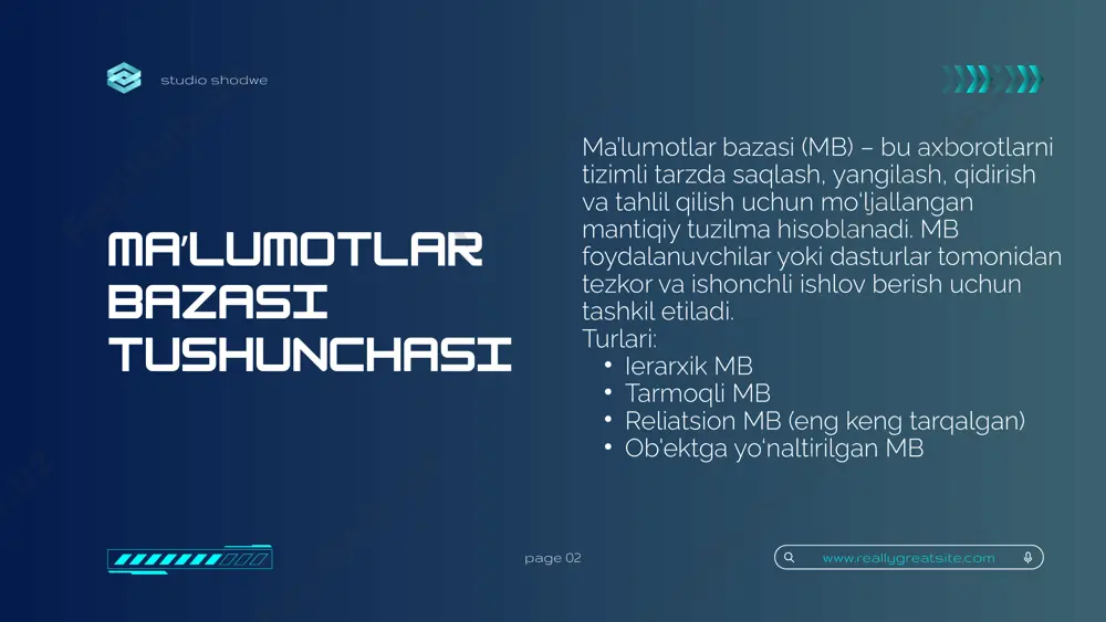 larni bog‘lash uchun kutubxona. 4. ulardan foydalanish uchun dastur kodiga maxsus modul/kutubxonalar kiritiladi. studio shodwe www.reallygreatsite.com page 07 maʼlumotlarni qidirish va filtrlash yaxshi interfeys: tushunarli menyular tugmalar (saqlash, tahrirlash, o‘chirish) jadval ko‘rinishida ma'lumot chiqarish kirish (login), qidiruv maydonchalari foydalanuvchining texnik bilim darajasiga qarab oddiy yoki ilg‘or interfeys tanlanadi. select * from talabalar where kurs = 1; studio shodwe www.reallygreatsite.com page 06 xavfsizlik choralari ma’lumotlar bazasi bilan ishlaydigan dastur xavfsiz bo‘lishi kerak. xavfsizlik yo‘llari: kirish paroli (admin va foydalanuvchi huquqlari) ma’lumotlarni shifrlash sql injection dan himoya saqlanayotgan fayllarga ruxsat nazorati studio shodwe www.reallygreatsite.com page 06 namunaviy dastur misoli talaba nazorati dasturi: baza: talabalar (ism, kurs, fakultet) amallar: qo‘shish, o‘chirish, yangilash, qidirish texnologiyalar: mysql + python tkinter interfeys: jadval ko‘rinishida, pastda qidiruv oynasi, yuqorida tugmalar paneli studio shodwe www.reallygreatsite.com page 10 thank you! ma’lumotlar bazasi asosida foydalanuvchi dasturini yaratish zamonaviy dasturchilikda muhim o‘rin egallaydi. bunday dasturlar yordamida ma’lumotlar tartibli, xavfsiz va tezkor …