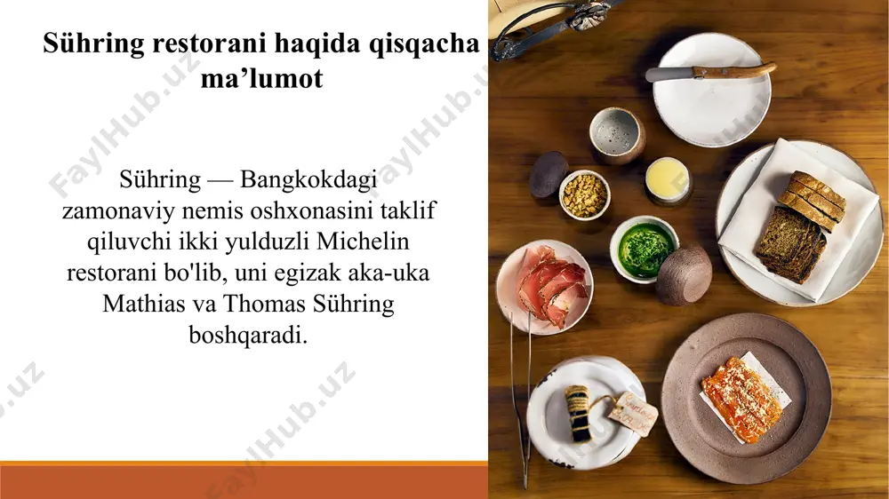 saqlab kelmoqda. bu ularning nemis oshxonasiga zamonaviy va innovatsion yondashuvi, yuqori darajadagi professional oshpazlik va sifatli ingredientlardan foydalanishlari tufayli erishilgan muvaffaqiyatdir. michelen guide bookda kirganmi yo’qmi? ijtimoiy tarmoqlarda mavjudligi ularning rasmiy instagram sahifasi: @restaurant_suhring ushbu platformada ular taomlarining ajoyib suratlarini, maxsus tadbirlar va yangiliklarni bo‘lishadi. bu yerda sühringning zamonaviy dizayni va ijodkor taomlari haqida batafsil tasavvurga ega bo'lishingiz mumkin. ijtimoiy tarmoqlarda mavjudligi facebook sahifasi: restaurant sühring bu platformada ular yangiliklar, tadbirlar va mehmonlar uchun muhim e'lonlarni bo'lishadi. sahifa mehmonlarning sharhlarini o‘qish va restoran bilan bog‘lanish uchun qulay. ijtimoiy tarmoqlarda mavjudligi ularning rasmiy veb-sayti: restaurantsuhring.com bu yerda menyular, tadbirlar va rezervatsiya haqida to‘liq ma'lumotni topishingiz mumkin. ushbu restoran nega aynan mashhurlikka erishgan? innovatsion nemis oshxonasi sühring germaniyaning an'anaviy oshxonalariga zamonaviy yondashuvi bilan tanilgan. ular oilaviy retseptlar va bolalik xotiralaridan ilhomlanib, nemis taomlarini ijodkor va o'ziga xos tarzda talqin qilishadi. bu yondashuv germaniya oshxonasini global sahnaga olib chiqib, odamlarga uning boy madaniyati …