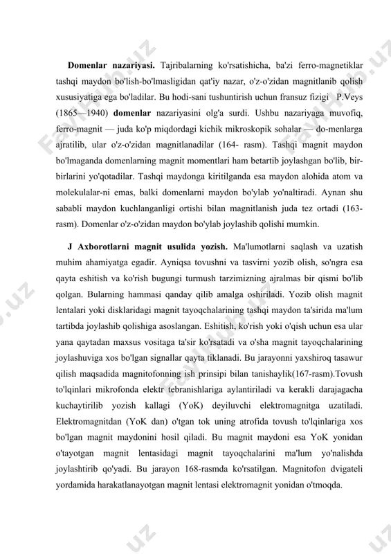 lar tashqi magnit maydonga har xil javob beradi. ushbu reaktsiya materialning atom va molekulyar tuzilishi va atom bilan bog'liq bo'lgan aniq magnit maydon kabi bir qancha omillarga bog'liq. atomlarga tegishli uchta manbalar mavjud. bu elektronlar tashqi magnit maydonining harakatida va elektronning aylanishida o'zgarishlarga olib keladi. ko'pgina atomlarda elektronlar juft bo'lib ko'rinadi. elektronlar teskari yo'nalishda aylanadi. shu tarzda, elektronlar birlashtirilganida ularning nisbiy aylanishi magnit maydonlarini bir-birlarini bekor qilishga sabab bo'ladi. shuning uchun aniq magnit maydon mavjud emas. ayrim bo'lmagan elektronlarga ega bo'lgan materiallar aniq magnit maydonga ega bo'ladi va tashqi magnit maydonga ko'proq javob beradi. ko'pgina materiallar diamagnit, paramagnitik yoki ferromagnit materiallar sifatida tasniflanadi. diamagnetik materialning magnitlanishi asl magnit maydonining yo'nalishiga zid keladi. tashqi magnit maydon o'chirilganda, diamagnetik materialning magnit xususiyatlari saqlanib qolmaydi. diamagnetik materialda barcha elektronlar juftlik bilan bog'lanadi, shunda har bir atomda doimiy aniq moment bo'lmaydi. anti-magnit xususiyatlari elektron yo'lining tashqi magnit maydonining ta'siri ostida ishlab chiqariladi va tuzatiladi. …