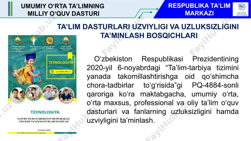 ti qo‘llanilish sohasiga ta’sir etuvchi omillar o‘rganiladi buyumning yaqqol tasvirini ishlashda, eskiz chizmalardan foydalanish, sxemalarni o‘qish ko‘nikmalarini qo‘llaydi texnologiya fanidan amaliy ko‘nikmalarni rivojlantirishda fanlararo hamkorlik muhim matematika - hisob kitob ishlarini bajarishda hatoliklarga yo‘l qo‘yilmaydi fizika - buyum tayyorlashning fizik qonuniyatlari o‘rganiladi kimyo - mahsulotning tarkibi, hususiyati qo‘llanilish sohasiga ta’sir etuvchi omillar o‘rganiladi informatika - buyumning murakkab modellari yaratiladi chet tili - yangi g‘îÿ va imkoniyatlar eshigini ochishda yordam beradi 11 tabiiy fanlar 1-sinf umumiy o‘rta ta’limning milliy o‘quv dasturi respublika ta’lim markazi umumiy o‘rta ta’limni texnologiya fanining milliy o‘quv dasturi sinfi jami amaldagi o‘quv dasturi milliy o‘quv dasturi nazariy amaliy nazariy amaliy 1-sinf 33 21,2% 78,7% 15,5% 84,8% 2-sinf 34 21,2% 79,4% 15,5% 85,2% 6-sinf 68 32,3% 67,6% 25% 75% umumiy o‘rta ta’limning milliy o‘quv dasturi respublika ta’lim markazi texnologiya fani tabiiy fanlar 1-sinf o‘quv faoliyati natijalariga qo‘yiladigan talablar 1-sinf ish turlarini solishtiradi va loyihalaydi; shakl va ranglar uygʻunligini …