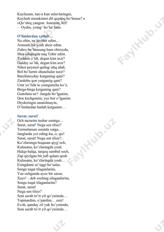 un suluvlaringni, kuylash mumkinmi dil qaynoq boʻlmasa? » «qo‘shiq yangrar. jononim, kel! – oydin, yomg‘ boʻlar tun». o’limlardan xatlab… na oltin, na javohir edim… armonli bir yosh shoir edim. zuhro bo’lmasang ham chiroyda, men ishqingda naq tohir edim. toshlon o’ldi, degan kim axir? gulday so’ldi, degan kim axir? nihot poymol qutlug ishq ahdi, bol bo’lurmi shunchalar taxir? barchinoyday kutganing qani? zardobu qon yutganiig qani? umr yo’lida to yumguncha ko’z, birga-birga ketganing qani? gunohim ne?–jangda bo’lganim, qon kechganim, yuz bor o’lganim. diydoringni unutolmayin, o’limlardan hatlab ketganim… surat, surat! och nazarim tushar suratga… surat, surat! nega sen tilsiz? termulaman suratda xatga… janglarda yor eding-ku, o, qiz! surat, surat! nega sen tilsiz?.. ko’zlarimga boqasan qiyg’och, kulasanu, ko’zlaringda yosh. halqa-halqa, tarqoq sumbul soch, zap qiyilgan bir juft qalam qosh kulasanu, ko’zlaringda yosh… esingdami so’nggi bo’salar, senga toqat tilaganlarim, yuz ochganda ayoz bir saxar, xayr! – deb soching silaganlarim, senga toqat tilaganlarim? surat, surat! nega …