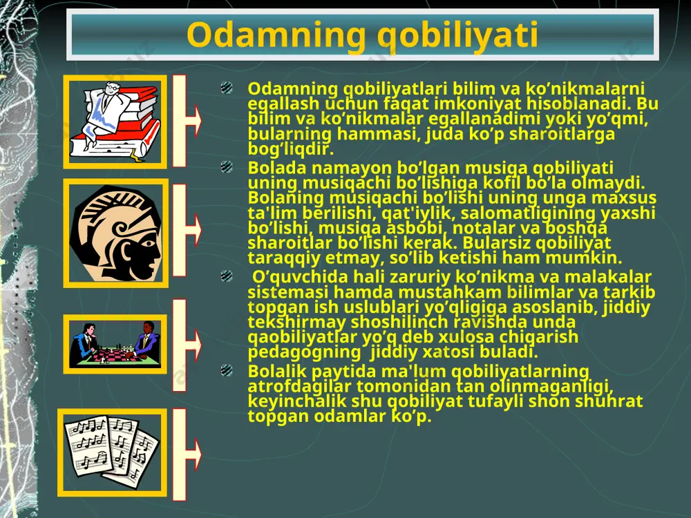 xs xususiyatlarining shunday yig‘indisidirki, u odamning biror faoliyatga o‘rgatish va uni takomillashtirishning muvaffaqiyatli bo‘lishini ta’minlaydi. «ishchi kuchi yoki har qanday mehnatga qobiliyat deganda, – deb yozadi k.k.platonov, – organizmda odamning jonli shaxsi egalik quluvchi hamda u tomondan doimo biror iste’mol qiymatini yaratishda ishga tushiriladigan jismoniy va ma’naviy qobiliyatlar yig‘indisini tushunamiz»1. qobiliyat xuddi xarakter singari shaxsning boshqa tuzilishlari bilan bir qatorda qo‘yilgan mustaqil bo‘lmay, balki uning turli xususiyatlarining ma’lum yig‘indisidir. qobiliyat turlari ifodalangan darajasi turlicha bo‘lsa-da, barcha odamlarga xos bo‘lgan sodda, umumiy qobiliyatlar bu psixik ko‘rinishning asosiy me’yorlari: sezish, idrok qilish, fikr yuritish, kechinma, qarorga kelish va uni amalga oshirish hamda esda qoldirish qobiliyatlaridir. barcha odamlarga xos bo‘lmagan elementar xususiy qobiliyatlar shaxsning ancha murakkabroq xususiy qobiliyatlari, masalan, ko‘z bilan chamalash, musiqaviy qobiliyat, tafakkurning tanqidiyligi, saxiy qalblik, sabotlilik, qat’iylik va shu kabilardir. murakkab va umumiy qobiliyatlar u yoki bu darajada barcha odamlarga xosdir. bular umuminsoniy faoliyat turlari: mehnat, o‘yin, o‘qish, bir-biri bilan …