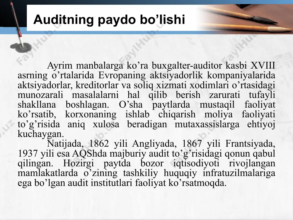 a ichki auditga oid tamoyillari, ichki auditorlar institutining ichki auditning xalqaro kasbga oid standartlari, xalqaro buxgaltyerlar federatsiyasining auditning xalqaro standartlari. tashqi audit “o‘zbekiston respublikasi banklarida audit tekshiruvlarini o‘tkazish to‘g‘risida” nizomining 8.1 bandiga asosan tijorat banklari auditorlik tekshiruvlarini o‘tkazish uchun markaziy bankning banklarda audit tekshiruvlarini o‘tkazish huquqini beruvchi sertifikatga ega bo‘lgan auditorlik tashkilotini mustaqil ravishda tanlaydi deb ko‘rsatilgan. tashqi audit banklarning auditorlik tekshiruvlari har yili yillik hisobot bo‘yicha o‘tkaziladi. tekshiruv natijalari bo‘yicha hisobotning to‘g‘riligi tasdiqlaydilar, shuningdek banklarning yillik hisobotiga ilova qilingan holda rasmiy auditorlik xulosasini beradilar. auditorlik xulosasisiz bankning yillik hisoboti markaziy bank tomonidan qabul qilinmaydi va matbuotda chop etilmaydi. thank you! add your company slogan l/o/g/o image12.png image6.png image7.png image8.png image9.png image5.png image2.png image10.png image11.png image15.png image1.png image3.png image4.png /docprops/thumbnail.jpeg
