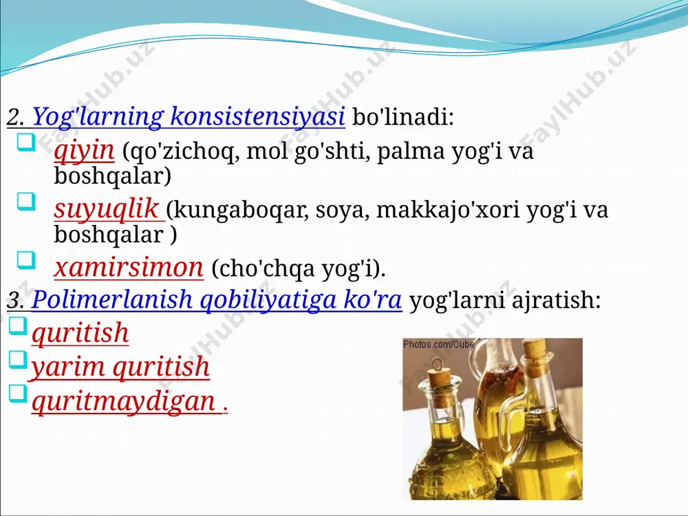 ,0% namlik, 18,0% shakar va 2,5% kakao bo'lgan shakar, kakao va vanillin qo'shilgan kremdan tayyorlangan shokolad ; sendvich yog'i shirin qaymoq, shirin krem mustahkamlangan, 61,5% yog ', 35,0% namlik bo'lgan smetana . 2. ghee sariyog ', pishloq yog'i, xom yog', eritilgan sariyog 'va plastmassa kremdan ishlab chiqarilgan yog'. ghee tarkibida 99,0% yog ', 0,7% namlik mavjud. 100 g yog'ning energiya qiymati 891 kkal. iii. hayvonlardan olingan yog'lar hayvonlardan olingan yog'larning turlari: mol go'shti yog'i cho'chqa yog'i suyak yog'i prefabrik yog' iv . yog'larni pishirish sabzavotli cho'chqa yog'i - cho'chqa yog'i va o'simlik yog'i aralashmasi; ukraina yog'i - cho'chqa yog'i, o'simlik moyi va cho'chqa yog'i aralashmasi ; belarus yog'i - cho'chqa yog'i, o'simlik moyi va eritilgan qo'zichoq yog'i aralashmasi; sharqiy - cho'chqa yog'i, o'simlik moyi va eritilgan qo'zichoq yog'i aralashmasi; prima yog'i - transesterifikatsiyalangan yog', o'simlik moyi, renderlangan hayvon yog'i aralashmasi ; yog 'yangi - transesterifikatsiyalangan yog', o'simlik moyi, cho'chqa yog'i …
