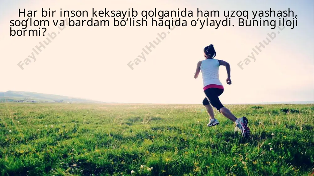 ish, baquvvat boʻlib, hayotdan zavqlanib yashash quvvatiga ega. xullas, har kimda tanlash imkoniyati bor: sport bilan shugʻullanish yoki har kuni juda boʻlmaganda yarim soat jismoniy mashqlarni bajarish va faol boʻlish, turli kasalliklarga nisbatan immunitet hosil qilib, uzoq umr koʻrish. bizga berilgan ana shu bebaho imkoniyatdan ixtiyoriy ravishda yuz oʻgirish foydalimi yoki yoʻq, buyogʻini oʻzingiz hal eting va xulosa chiqaring. e’tiboringiz uchun rahmat image1.jpg image2.jpg image3.jpg image4.jpg image5.jpg image6.jpg image7.jpg image8.jpg image9.jpg /docprops/thumbnail.jpeg