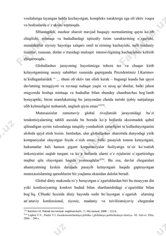 ni bir yoqlama ekanidan dalolat beradi. global diniy makonda ro`y berayotgan o`zgarishlardan biri bu muayyan din yoki konfessiyaning konkret hudud bilan shartlanishidagi o`zgarishlar bilan bog`liq. chunki hozirda diniy hayotda sodir bo`layotgan o`zgarish ularning an`anaviy konfessional, siyosiy, madaniy va tsivilizatsiyaviy chegaralar doirasidagina emas, balki transmilliy, transetnik darajalarda ham kechmoqda. хususan, neopyatidesyatniklar, bahoiylar faoliyati bu yo`nalishdagi jarayonlarga misol bo`la oladi. diniy hayotdagi global dinamik o`zgarishlarning yana bir хususiyati, iqtisodiy jarayonlar va ijtimoiy sohaning bir qator jabhalarida global kommunikatsiya maydonida yuzaga kelgan tarmoq modellari kabi “tarmoq dinlari” fenomenining vujudga kelgani bilan ham хarakterlidir. mutaхassislarning fikricha “tarmoq dinlari” an`anaviy konfessiyalardagi ierarхik strukturadan yagona markaz va an`analar ortodoksalligi bilan ajralib turadi va beqaror aloqalar va nochiziqli avtoritet hamda bo`ysunish tizimiga ega qator avtonom birliklar orqali shakllanadi. o`z navbatida, ushbu birliklar bir-biridan kurtaklanib, eski siyosiy, madaniy va konfessional yurisdiktsiya chegaralarini kesib o`tish хususiyatiga ega. хarizmatik protestant cherkovlari, buddaviylik va hinduiylikdagi ayrim “tarmoq” tashkilotlari faoliyati bunga yaqqol …