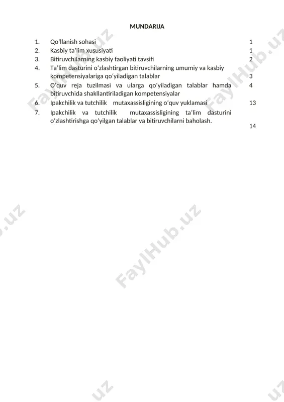 akani oshirishi; kasbiy faoliyatning tegishli sohasida yanada yuqoriroq malakaga erish maqsadida oliy ta’lim muassasasida o‘qishni davom ettirishi mumkin. 2.4. o‘qishga qabul shartlari. o‘qishga qabul shartlari amaldagi qonunchilik asosida amalga oshiriladi. 3. bitiruvchilarning kasbiy faoliyati tavsifi 3.1. bitiruvchining kasbiy faoliyat sohasi: tut ko‘chatini ekish yuzasidan topshiriqlarni fermer xo‘jaliklariga taqsimotini qilish, pillachilik brigadirlari, inkubistlarining ishlarini tashkil qilish, inkubatoriyalarga joy tanlash va jihozlash, qurtlarni jonlantirish, jonlangan qurtlarini qurt boquvchilarga tarqatish, qurt boqish agrotexnikasiga qat’iy amal qilish. ipak qurti uchun ozuqa bazasini tashkil qilish, pillani sifatli terish va topshirish ishlarini tashkil qilish, tirik pillani qabul qilish va tirik pillani laboratoriyada tekshirish. laboratoriyaga qabul qilingan pilladan namuna olish. saralash ishlarini to‘g‘ri tashkil etishni mehnat muhofazasi qoidalariga amal qilgan holda bajarish. 3.1. bitiruvchining kasbiy faoliyat ob’ektlari: 3.1.1. texnik kvalifikatsiyasi bo‘yicha: maxsus xalat; tut ipak qurti urug‘laridan namunalar; har xildagi pillalardan namunalar; dezinfeksiyalovchi asbob; dezinfeksiya uchun eritmalar. 3.1.2. tutchilik agronomi kvalifikatsiyasi bo‘yicha: maxsus xalat; tut urug‘laridan namunalar; …