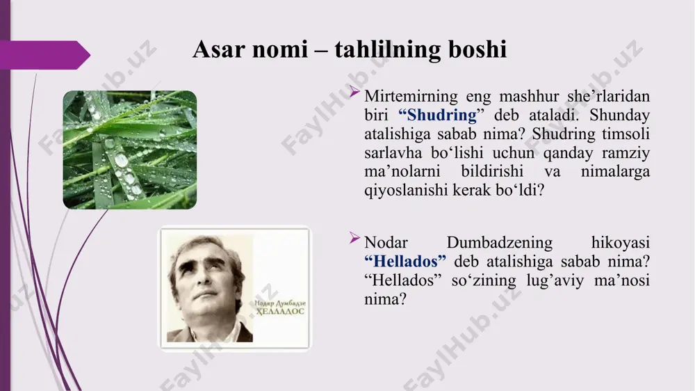 ‘lur, hur, yur, ko‘runur, o‘qir (“qofiyasida aybg‘inasi bor”). raviy “r”tovushi. muqayyad. e) she’riy san’atlar: 1-bayt: tashbeh, mubolag‘a, tanosub 2-bayt: tashbeh, tanosub 3-bayt: mubolag‘a, tazod 4-bayt: tashbeh 5-bayt: tajnis, tanosub image1.png image2.png image3.png image4.png image5.png image6.png image7.png image8.png image9.jpeg image10.png image11.png image12.png image13.png /docprops/thumbnail.jpeg