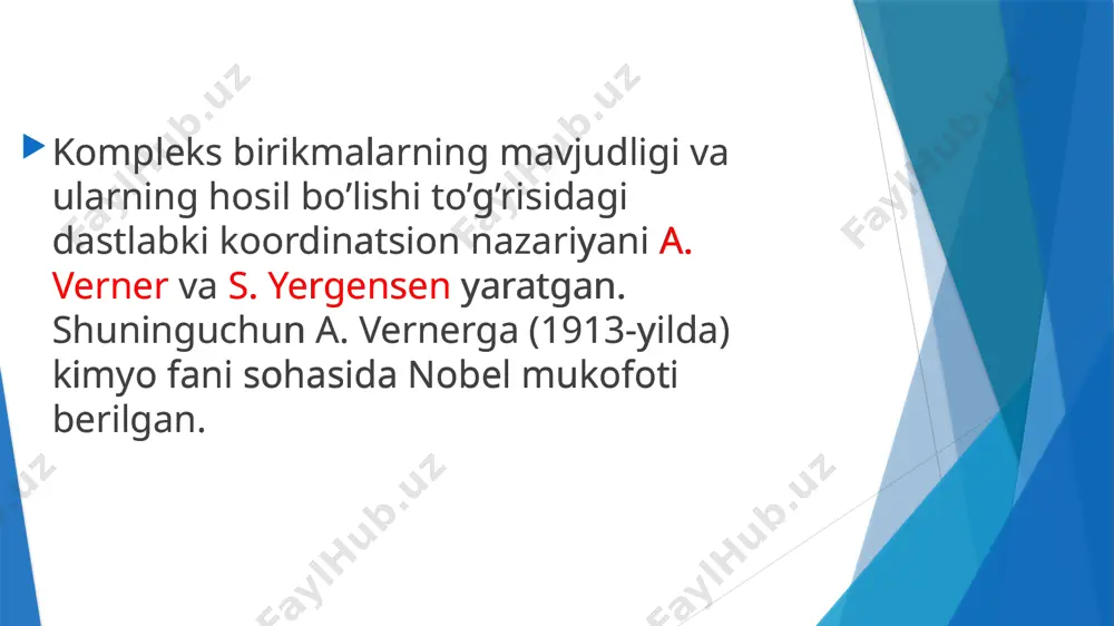 dli ion soni va nomi, keyin neytral molekula soni va nomi yozilib, oxirida metall ioni nomi va tashqi sferadagi ion nomi yoziladi. [zn (nh4) cl2] — dixlorotetraamintsink (ii); [pt (nh3)4 br2]cl2 — dibromotetraaminplatina (iv) xlorid; [cr (h2o)3(nh3)cl2] no3 — dixlorotriakvaammin xrom (iii) nitrat; na2k[co(no2)4(h2o)2] — dinatriy kaliy tetranitrodiakvakobaltat (iii); agar ligand sifatida murakkab tarkibli organik moddalar ishlatilsa, bunday kompleks birikmalarning nomlanimsh ancha murakkab va o’ziga xos bo’ladi. kompleks birikmalarni nomlang: [ptcl4(nh3)2] ca[nicl4] [cu(nh3)4]cl2 [co(nh3)6]cl3 [ag(nh3)2]br k2[cucl3] [cu(nh3)4]so4 [ti(h20)6]cl3 [ni (nh3)6] (oh)2 na2pb [cu (no2)6] k [bii4] k2[bef4] kompleks birikma hatto eritmalarda ham mustaqilligini saqlab qolishga intiladi, ionlarga ham dissotsilanadi. markaziy ionining musbat zaryadi uni qurshab turgan ligandlar manfiy zaryadlari yig‘indisidan ortiq bo‘lsa, bunday kompleks — kation kompleks, markaziy ionning zaryadi uni qurshab turgan ligandlar zaryadlarining yig‘indisidan kichik bo ‘lsa, anion kompleks, markaziy ionning zaryadi bilan ligandlar zaryadlarining yig‘indisi orasidagi ayirma nolga teng bo ‘lsa, neytral kompleks deb ataladi. kompleks birikmalarning …
