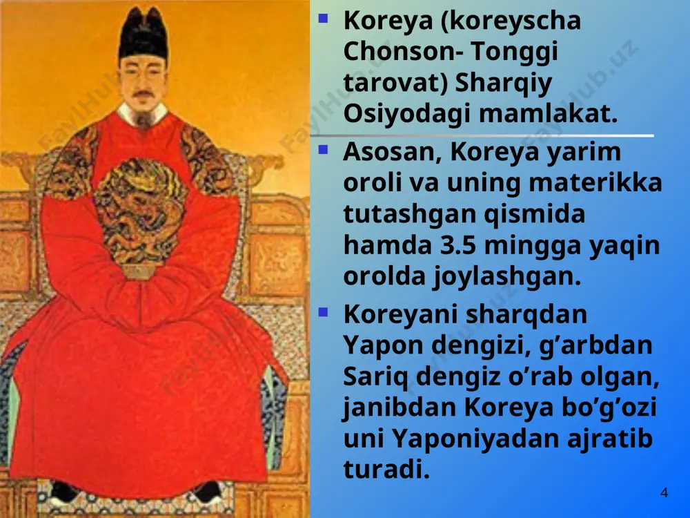 da qabul qilingan. unda demokratik tamoillar so’zlarda qaror toptirilgan bo’lsada, amalda bir partiya, bir shaxs diktaturasi qonunlashtirildi. * shimoliy koreya mamlakati asta sekin rivojlana boshladi sanoat korxonalari natsionalizatsiya qilindi (90%) qishloq xo’jaligida barcha joylarda koperativ xo’jaliklar joriy etildi. 1956-yili ular qariyib 90% dehqon xo’jaligini birlashtirdi. 1958-yilga kelib barcha dehqonlar kooperativlar a’zosi bo’ldi. * siyosiy partiyalari. koreya mehnat partiyasiga 1945 yilda asos solingan. 1946 yilgacha koreya kommunistik partiyasi, 1946-yilda esa shimoldagi yangi xaql partiyasi va janubdagi xalq va yangi xalq partiyalari bilan birlashib. shimoliy koreya mahnat partiyasi va janibiy koreya mehnat partiyasi vujudga keldi. 1949 yilda ular yagona koreya mehnat partiyasi bo’lib birlashdi. * koreya sotsial-demokratik partiyasi 1945 yilda tuzilgan, koreya birlashgan demokratik vatan frontiga kiradi; koreya birlashgan demokratik vatan fronti- koreya vatanparvar partiyalari va tashkilotlarining umummilliy fronti, mamlakat birligi va demokratik rivojlanish uchun kurash shiori ostida 1949 yilda tuzilgan. * siyosiy rahbarlikni bir partiya – koreya mehnat partiyasi amalga oshirdi. …