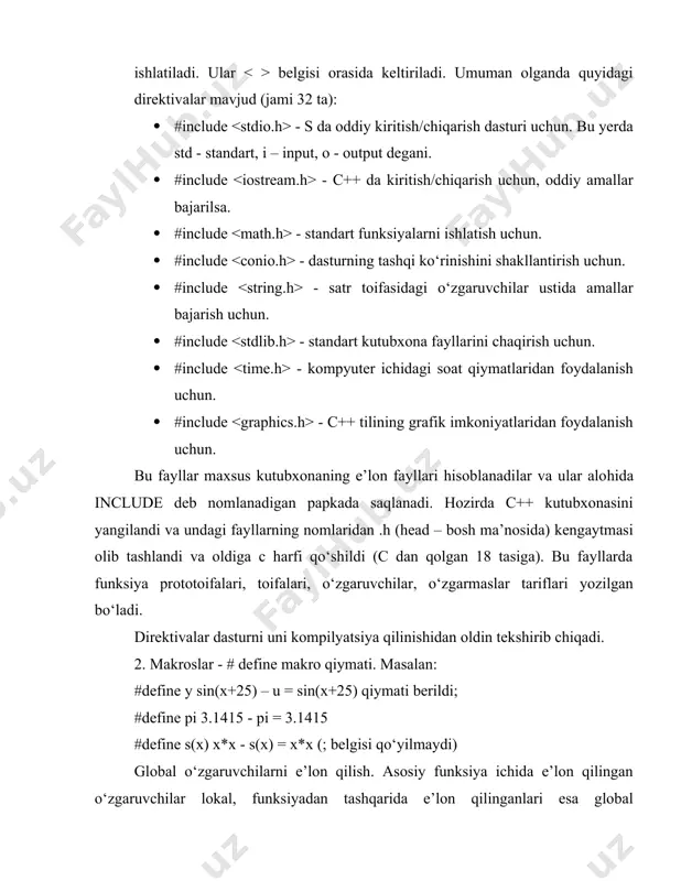 i. main ( ) funksiyasi { boshlanadi va dastur oxirida berkitilishi shart } . main – asosiy degan ma’noni beradi. bu funksiya oldida uning toifasi ko‘rsatiladi. agar main ( ) funksiyasi beradigan (qaytaradigan) javob oddiy so‘z yoki gaplardan iborat bo‘lsa, hech qanday natija qaytarmasa, void so‘zi keltiriladi. main ( ) funksiyasi dastur tomonidan emas, balki os tomonidan chaqiriladi. osga qiymat qaytarish shart emas, chunki u bu qiymatdan foydalanmaydi. shuning uchun main ( ) funksiyasining turini void deb ko‘rsatganimiz ma’qul. har bir funksiyaning o‘z argumenti bo‘ladi, shuning uchun main funksiya ( ) lari ichiga uning parametri keltiriladi. ba’zan u bo‘sh bo‘lishi ham mumkin. bu funksiyadan chiqish uchun odatda return operatori ishlatiladi. 0 (nol) qiymatining qaytarilishi operasion tizimga ushbu dastur normal bajarilib turganini bildiradi. return orqali qaytadigan qiymat toifasi funksiya e’lonidagi qaytish toifasi bilan bir xil bo‘lishi kerak. masalan int main ( ) va 0 (nol) qiymat butun toifalidir. bu funksiyadan so‘ng …